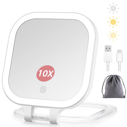 Magnifying Mirror with Light,Rechargeable Travel Makeup Mirror with 1X/10X Magnification,Portable Lighted Vanity Mirror with 3 Color Modes,Foldable Compact LED Desk Mirror