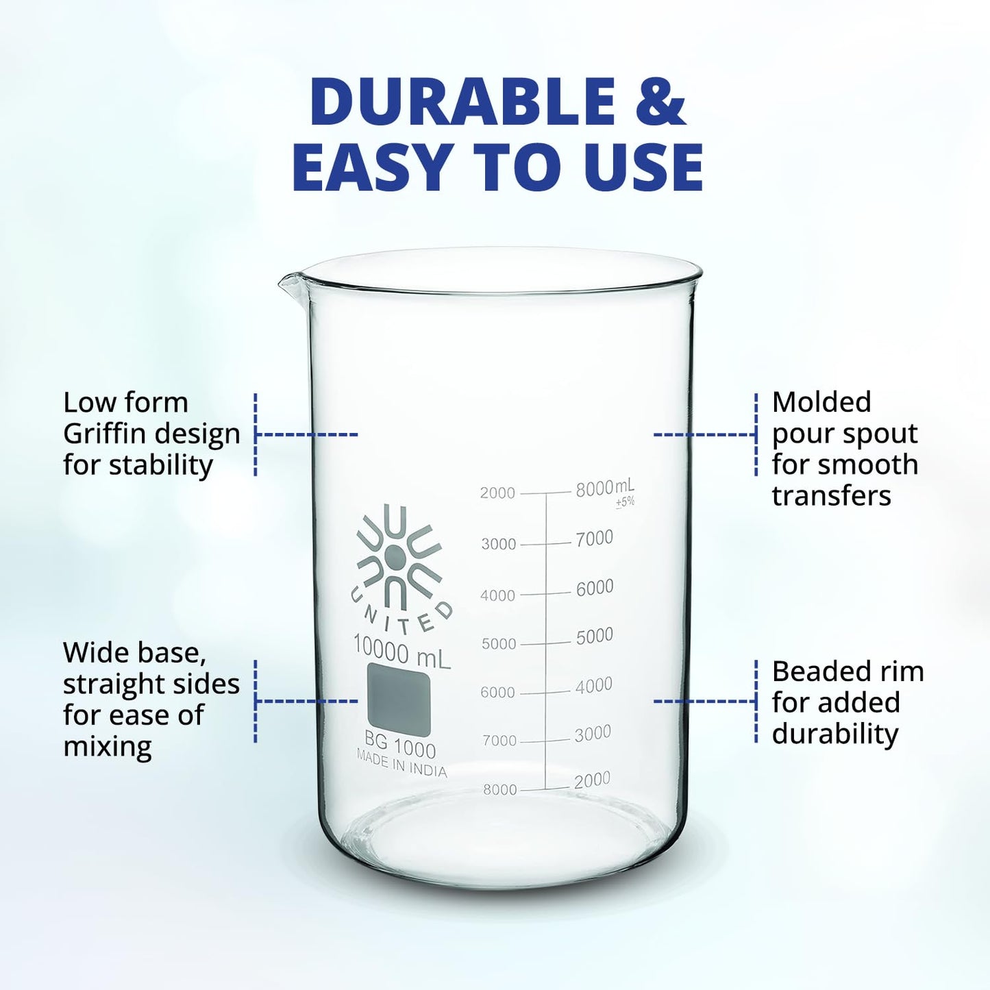 United Scientific BG1000-3000 Borosilicate Glass Low Form Beaker, 3000ml Capacity