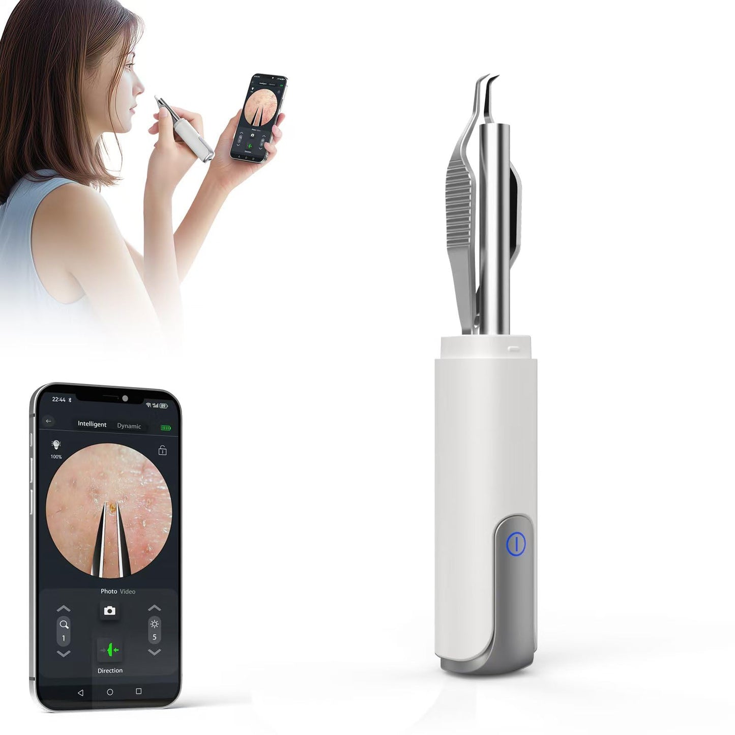 Blackhead Removal Tweezer with 1080p Camera, Ultimate Precision: Blackhead Removal with Camera - Perfect for Delicate Tasks! - - Eyebrow Tweezer, Pull White Hair (White)