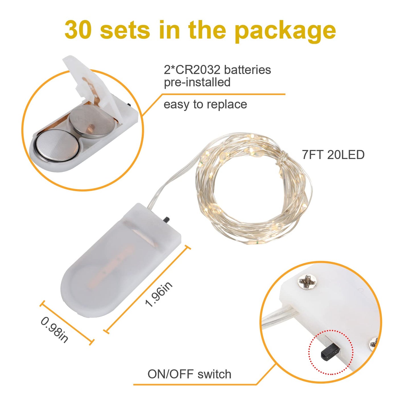 30 Pack Led Fairy Lights Battery Operated - Mini Fairy String Lights 7ft Silver Wire 20 LED Firefly Lights for Mason Jars Bedroom DIY Party Wedding Christmas Decor (Extra 60 PCS Batteries, Warm White)