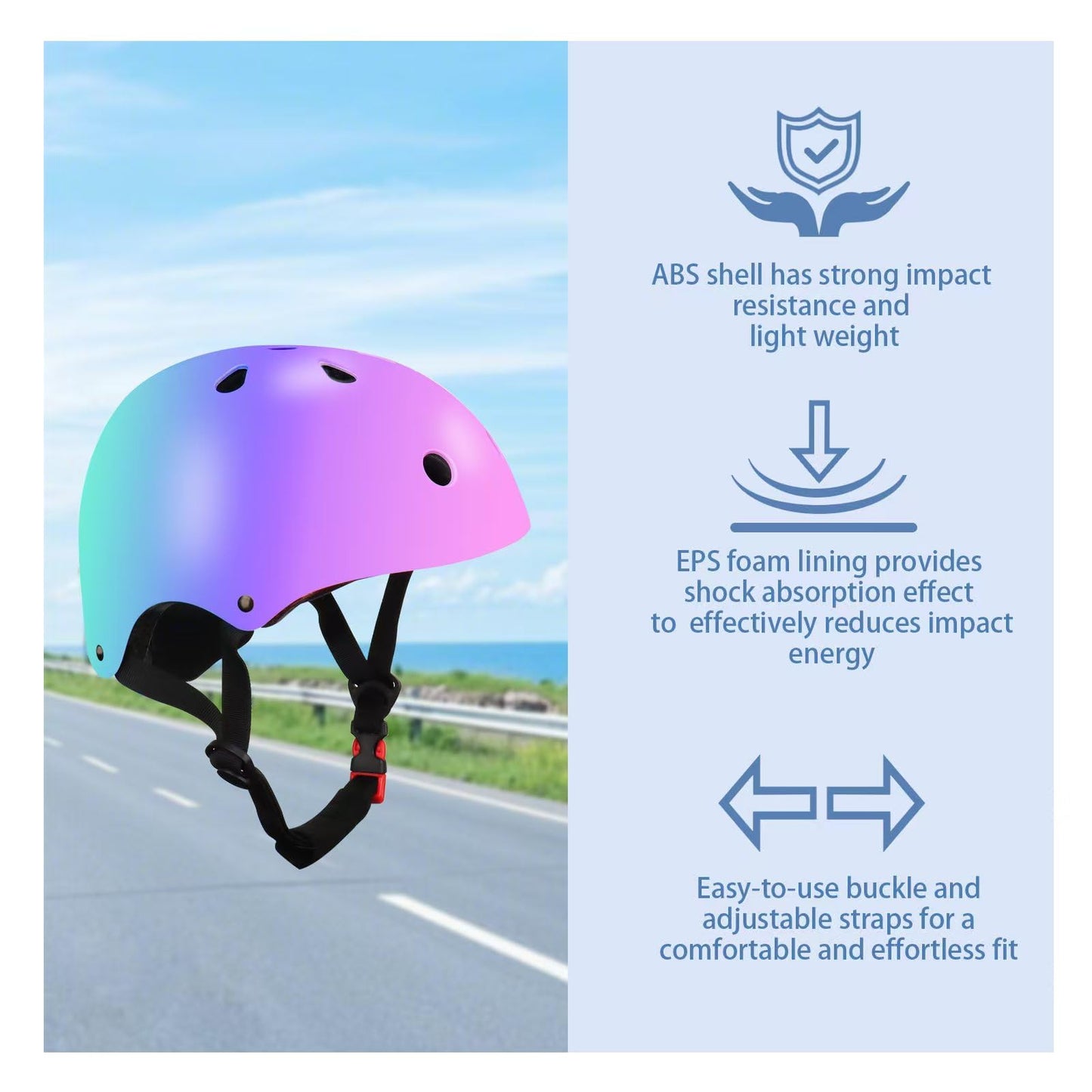 Color Gradient Adjustable Kids' Helmet with Knee & Elbow Pads Set | Multi-Sport Safety Gear for Boys & Girls Ages 3-14 | Skateboarding, Scooters, Roller & Inline Skating, Longboarding