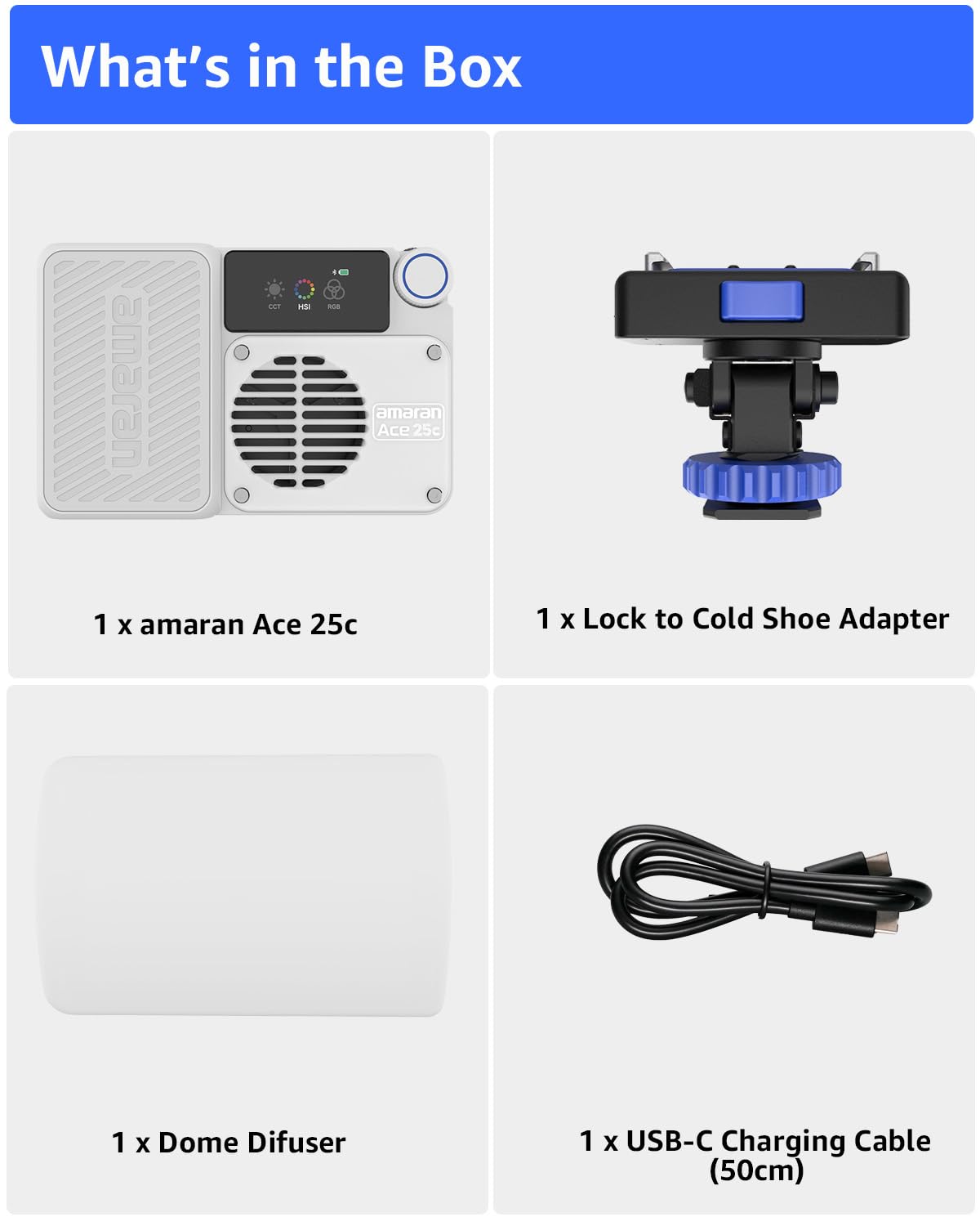 amaran Ace 25c Video Light,25w RGB Portable Light for Photography On-Camera Video Lights CRI/TLCI 95+,CCT 2,300K-10,000K,Rechargeable Dimmable Vlog Light,APP Control,PD Charging (White)