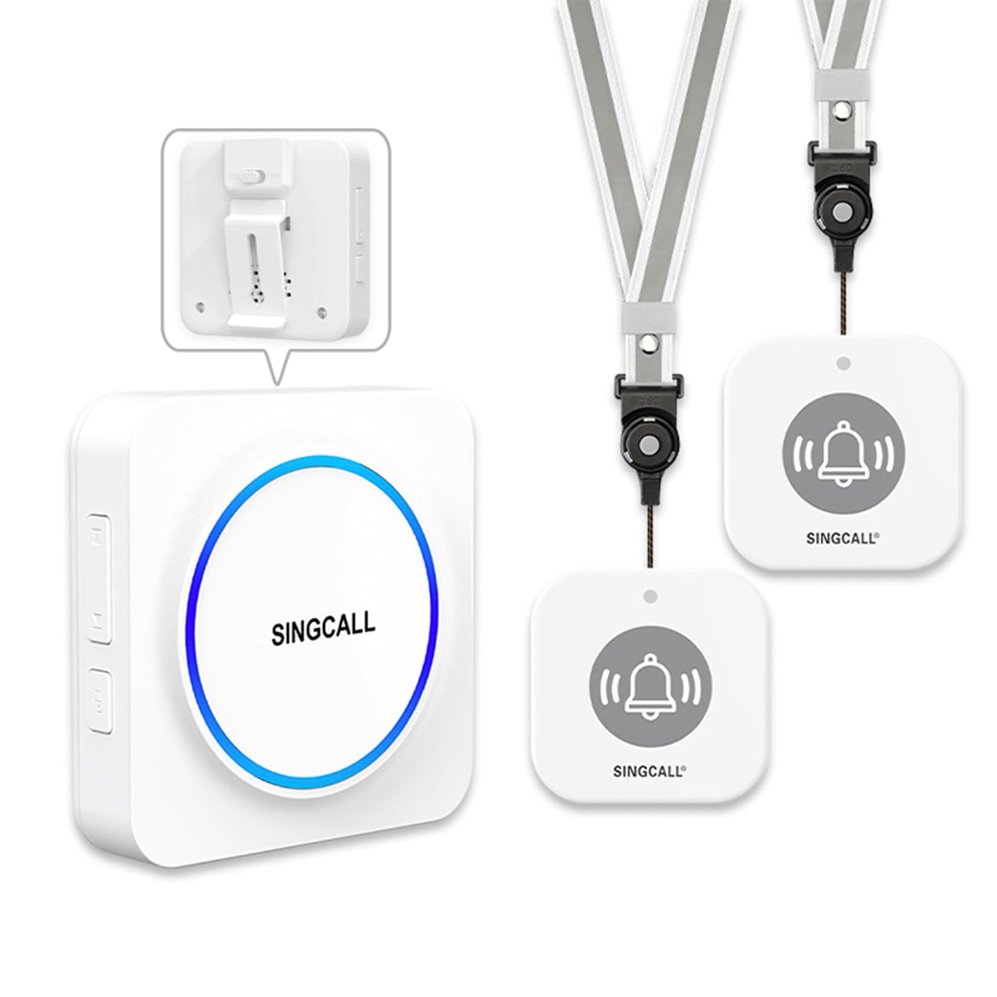 SINGCALL Wireless Portable Caregiver Pager Panic Alarm System Personal Alarm for Elderly/Kids/Pregnant/Patients 32 Chimes & 0-100dB Volume 1 Rechargeable Portable Receiver+ 2 Emergency Call Buttons