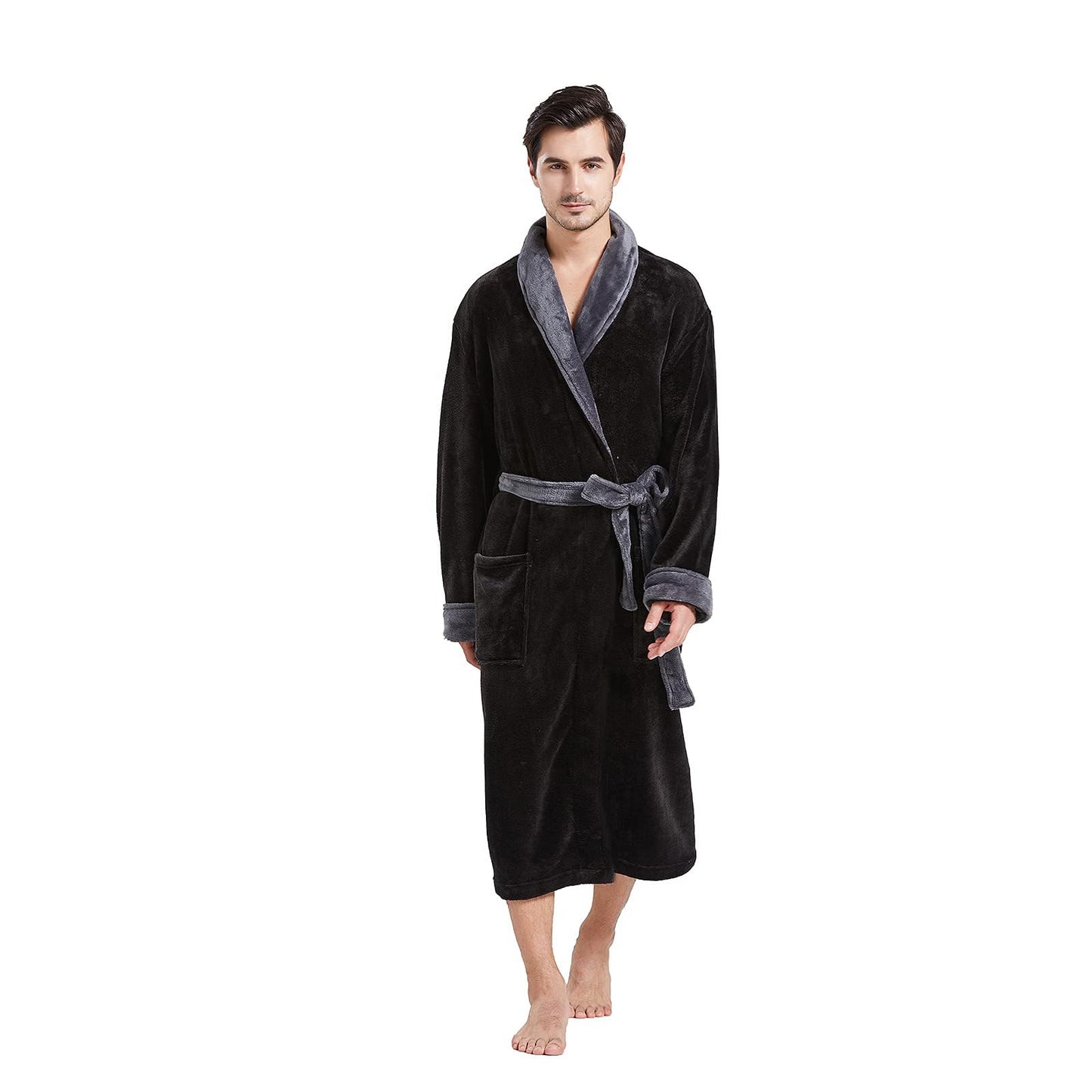 FashGudim Mens Robe Plush Robes for Men Warm Soft Fleece Bathrobe Calf Length Shawl Collar Short House Robes with Pockets, Black & Grey, Small-Medium