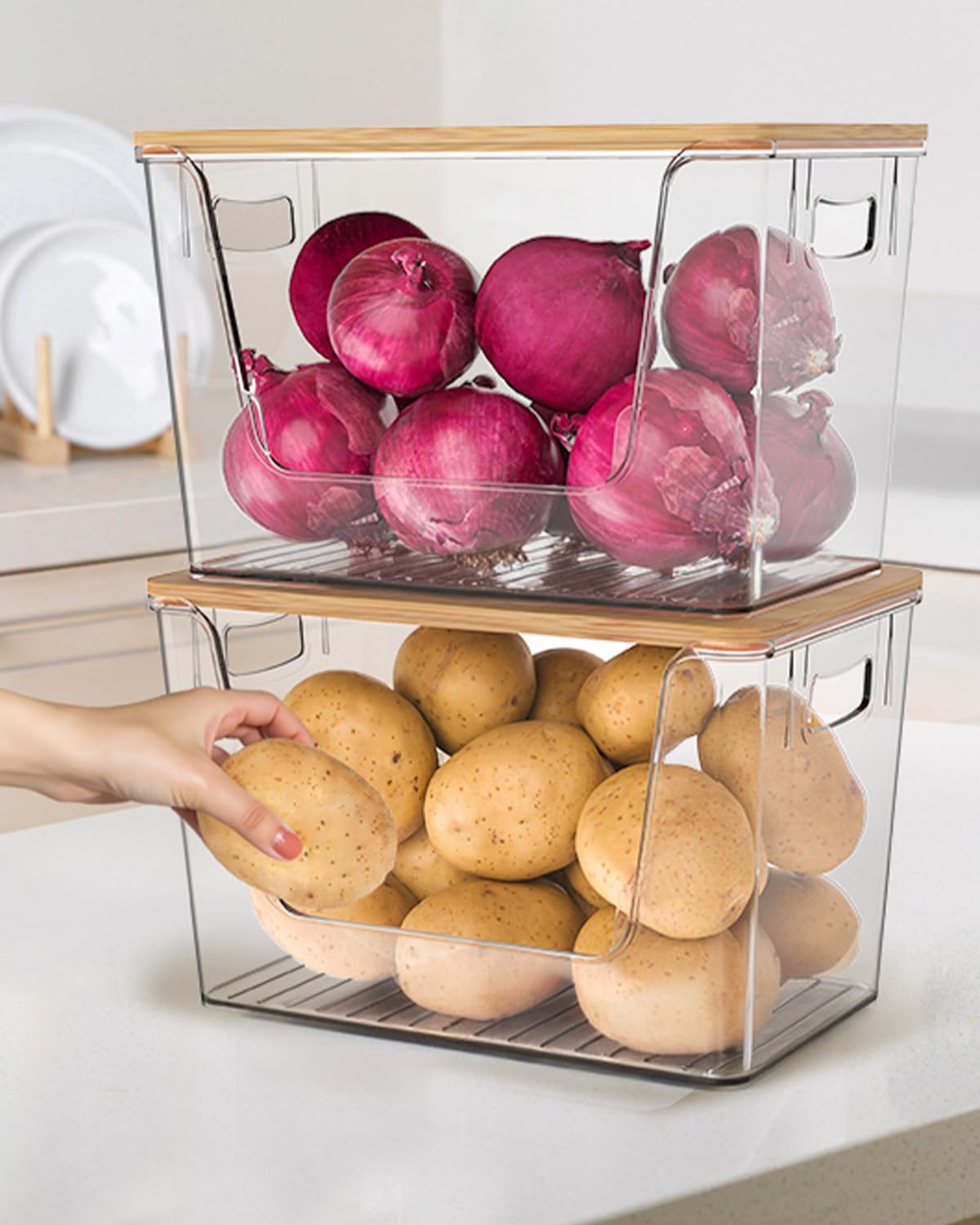 2 Pack Potato and Onion Storage Bin, Stackable Clear Fruit and Vegetable Storage, Acrylic Pantry Organizers and Storage with Bamboo Lid for Potato Onion Produce Vegetable Storage (Clear, XL-2 PACK)
