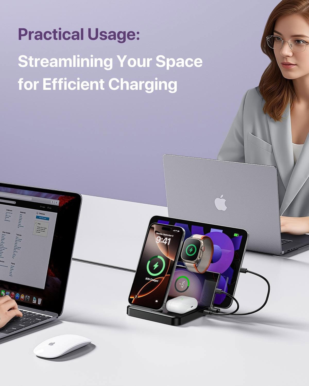 Caxdon Multiple Devices Charging Station, 5-in-1 Charging Station for iPhone 17 Pro Max/Pro/16/15/14/13/12, iPad Pro/Air/Mini, Apple Watch and Airpods,Wireless Charging Dock(G805, Black)