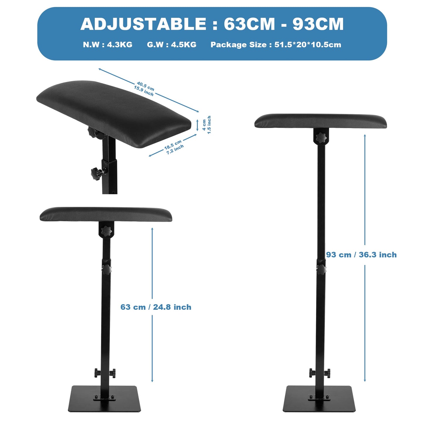Square Iron Tattoo Armrest - Heavy Duty, Adjustable Height & Tilt, Leg Rest Stand with PU Leather Arm Bar Pad
