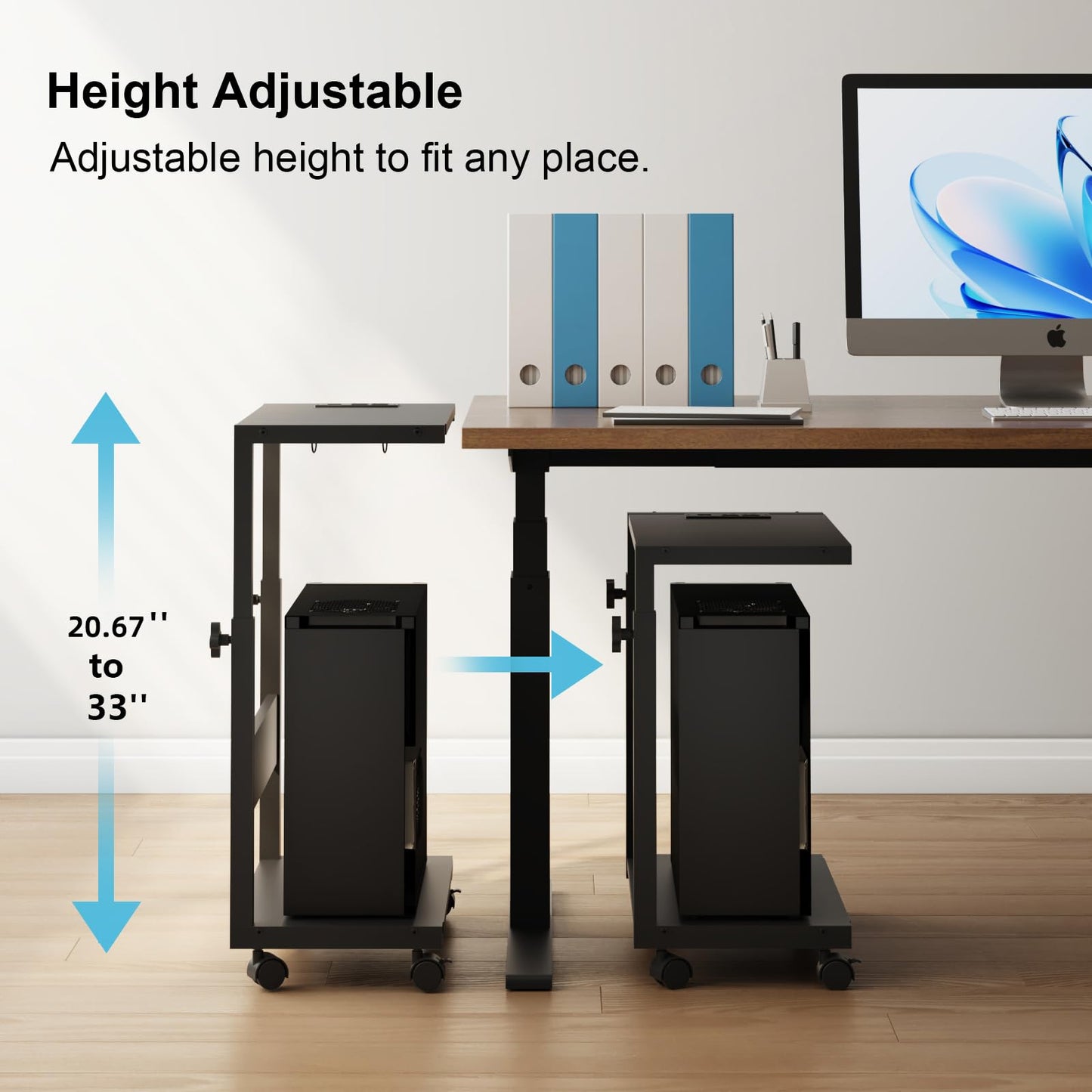 Computer Tower Stand with LED Light Strip, Mobile Rolling CPU Holder, Height Adjustable PC Tower Stand with Charging Station for Office Home (Black)