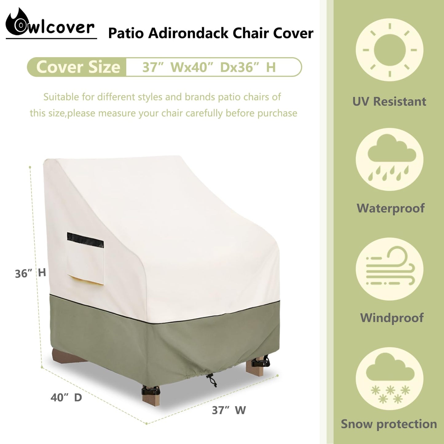 Patio Adirondack Chair Cover 37 W x 40 D x 36 H inches,600D Heavy Duty Waterproof Outdoor Chair Covers,Patio Furniture Covers for Adirondack Chair,Beige