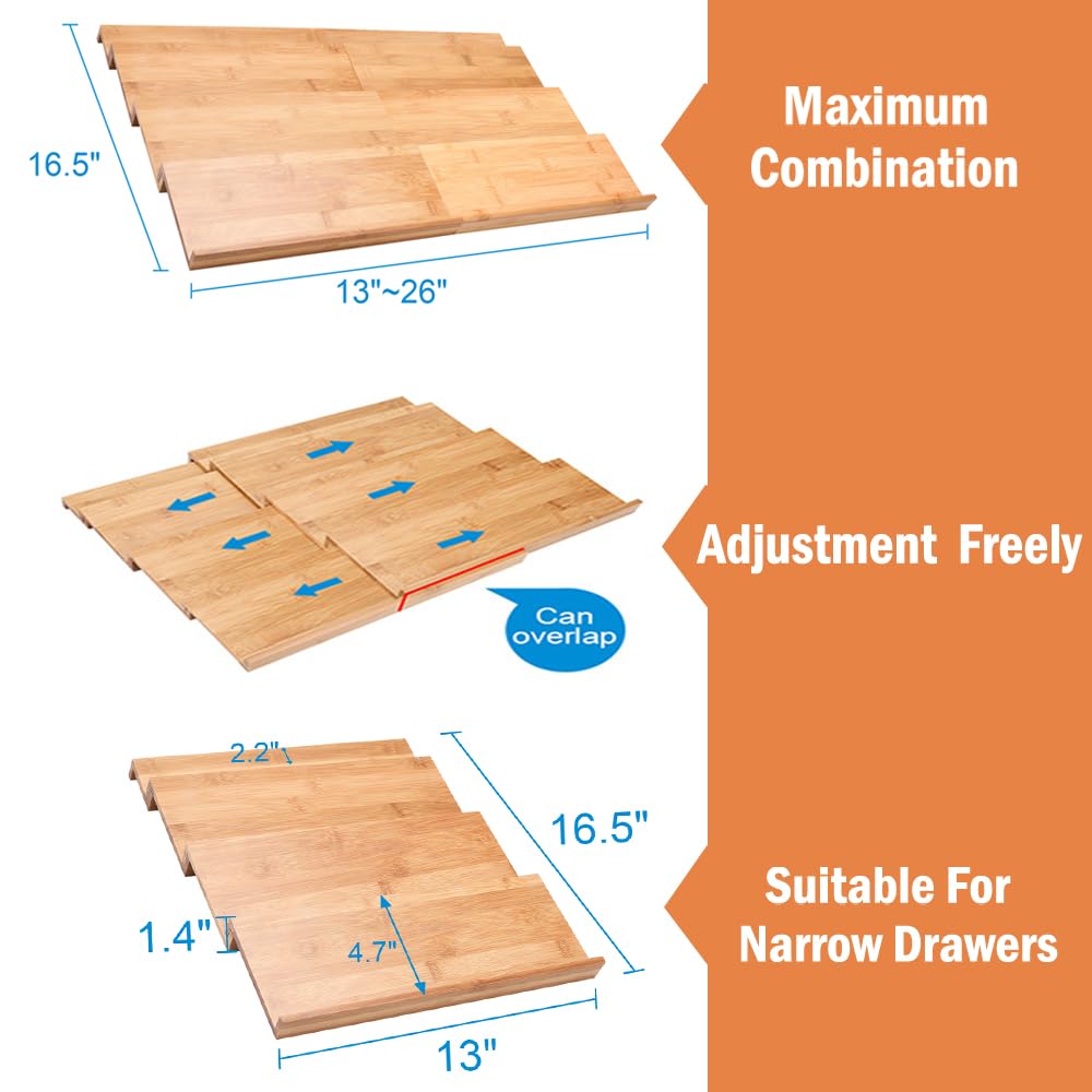 DEWVIE Bamboo Spice Rack for Drawer - Adjustable 4 Tier Spice Rack Drawer Organizer for Kitchen Cabinet Drawer Storage, Expandable 13" to 26"