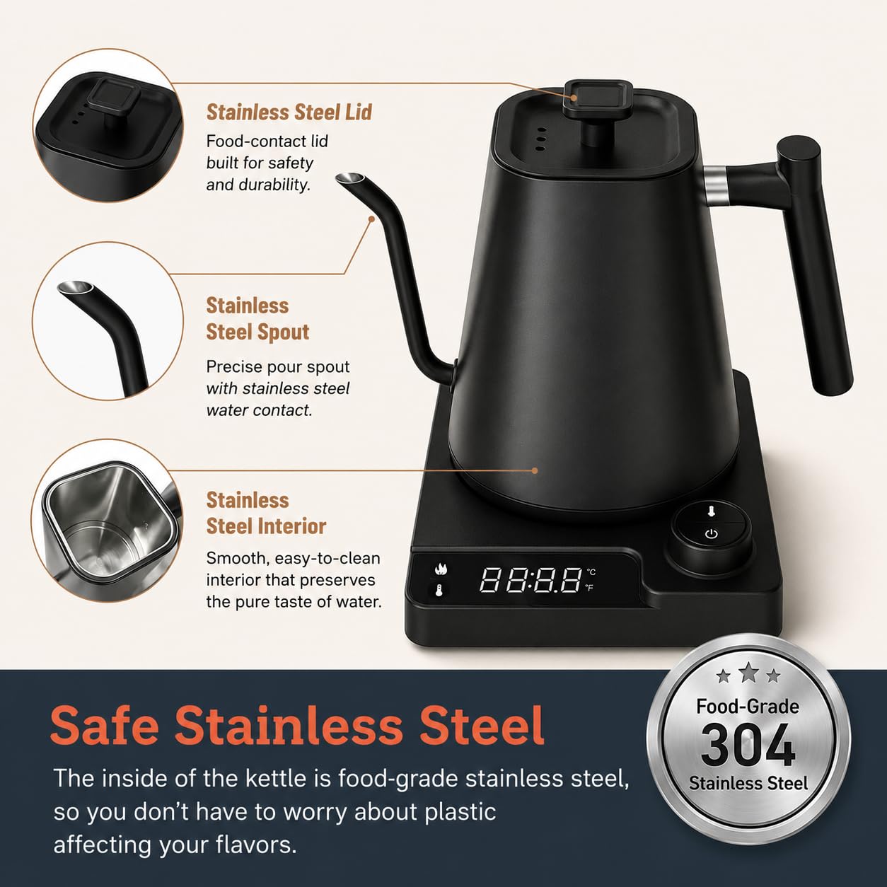 VICBINLY Electric Gooseneck Kettle, 1.0L Pour Over Kettle and Coffee Kettle, 100% Stainless Steel Inner Lid and Bottom, 1200 Watt Quick Heating, Matte Black TKBK02G
