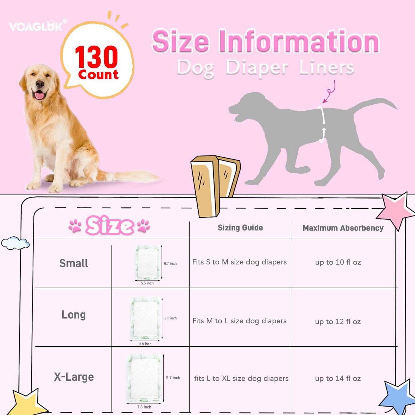 Dog Diaper Liners for Male and Female Dogs, 130 Count, Super Absorbent Disposable Dog Diapers Booster Pads fit Most Pet Belly Bands and Wraps (X-Large)