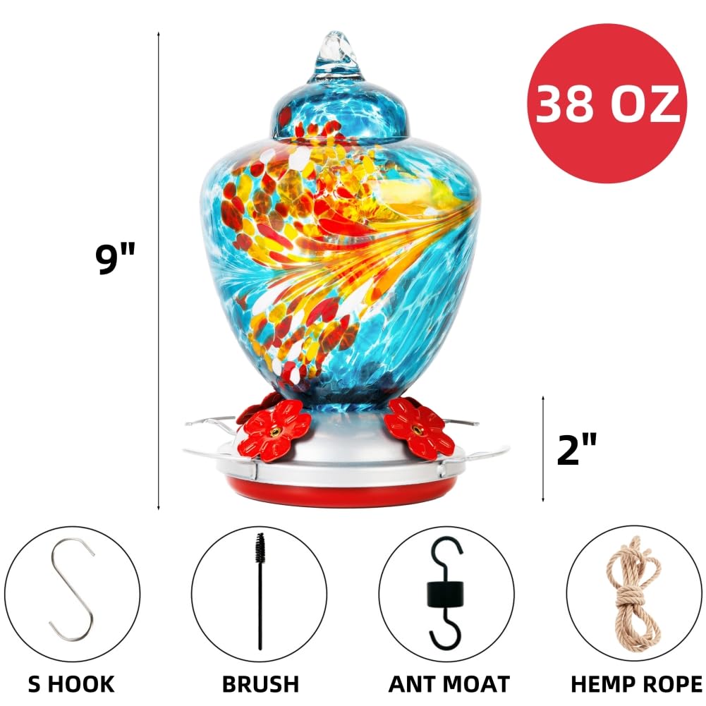 Hummingbird Feeder with Perch - Hand Blown Glass - 38 Fluid Ounces Blue Hummingbird Nectar Capacity Including Hanging Wires and Moat Hook Blue