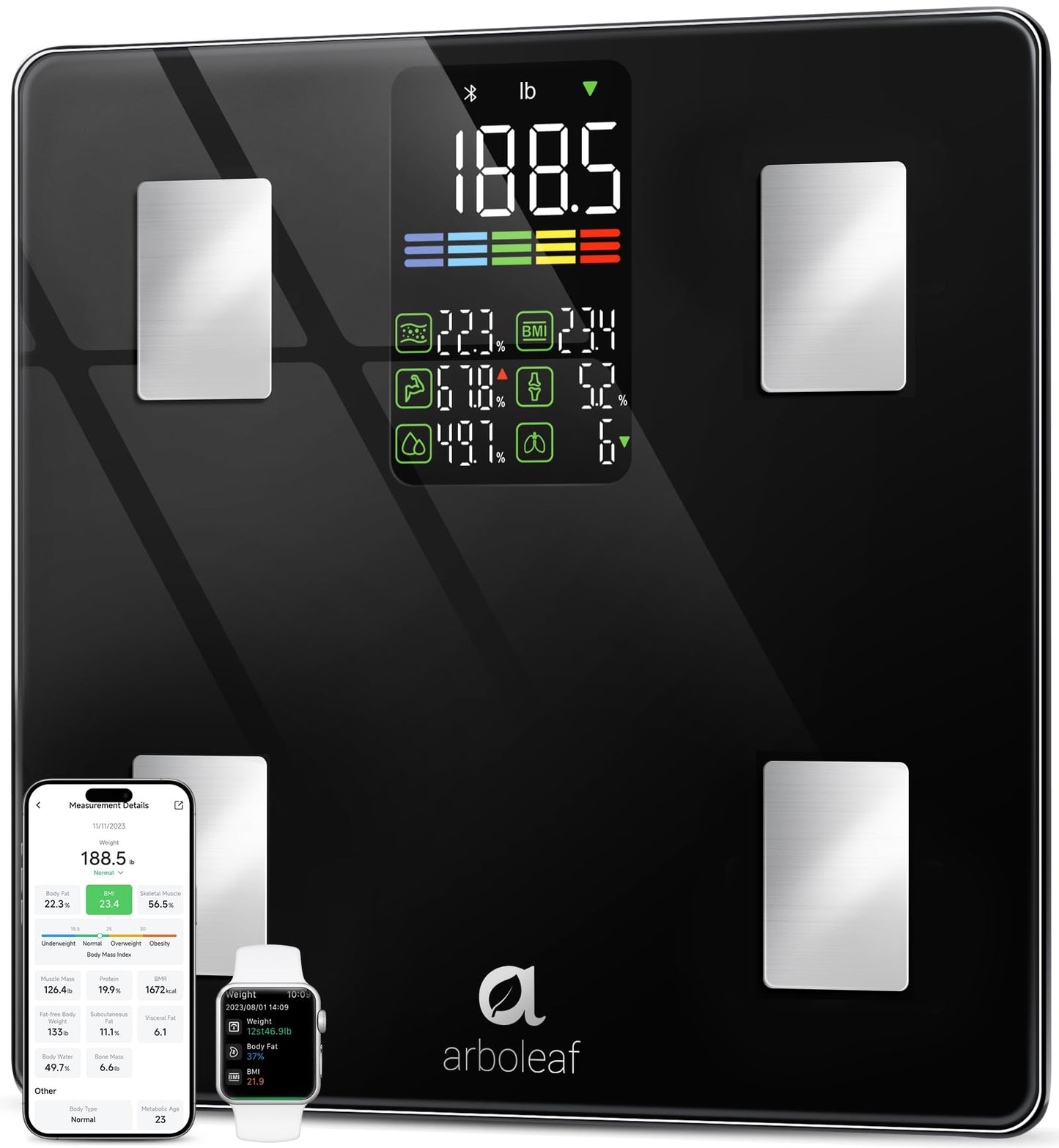 Arboleaf Smart Scale for Body Weight Body Fat, Digital Bathroom Scale with BMI, Muscle Mass, 14 Body Composition Metrics, Large LED Display, Accurate Weighing Machine, App Sync, 500lbs, 11.8"