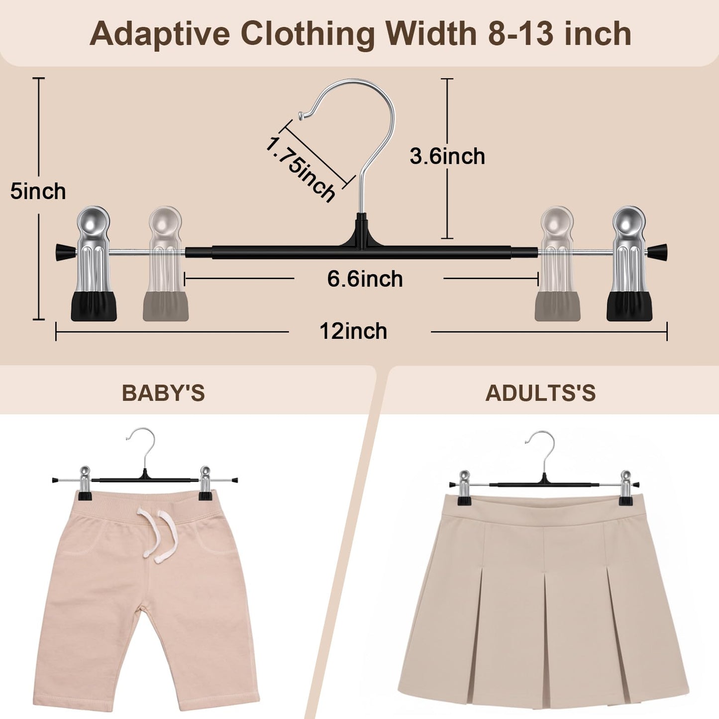 POZEAN Pants Hangers with Clips 30Pack, 12Inch Adjustable Skirt Hangers for Women, Space Saving Non-Slip Hangers for Shorts, Jeans, Coat, Kids' Clothes (Black, 30Pack)