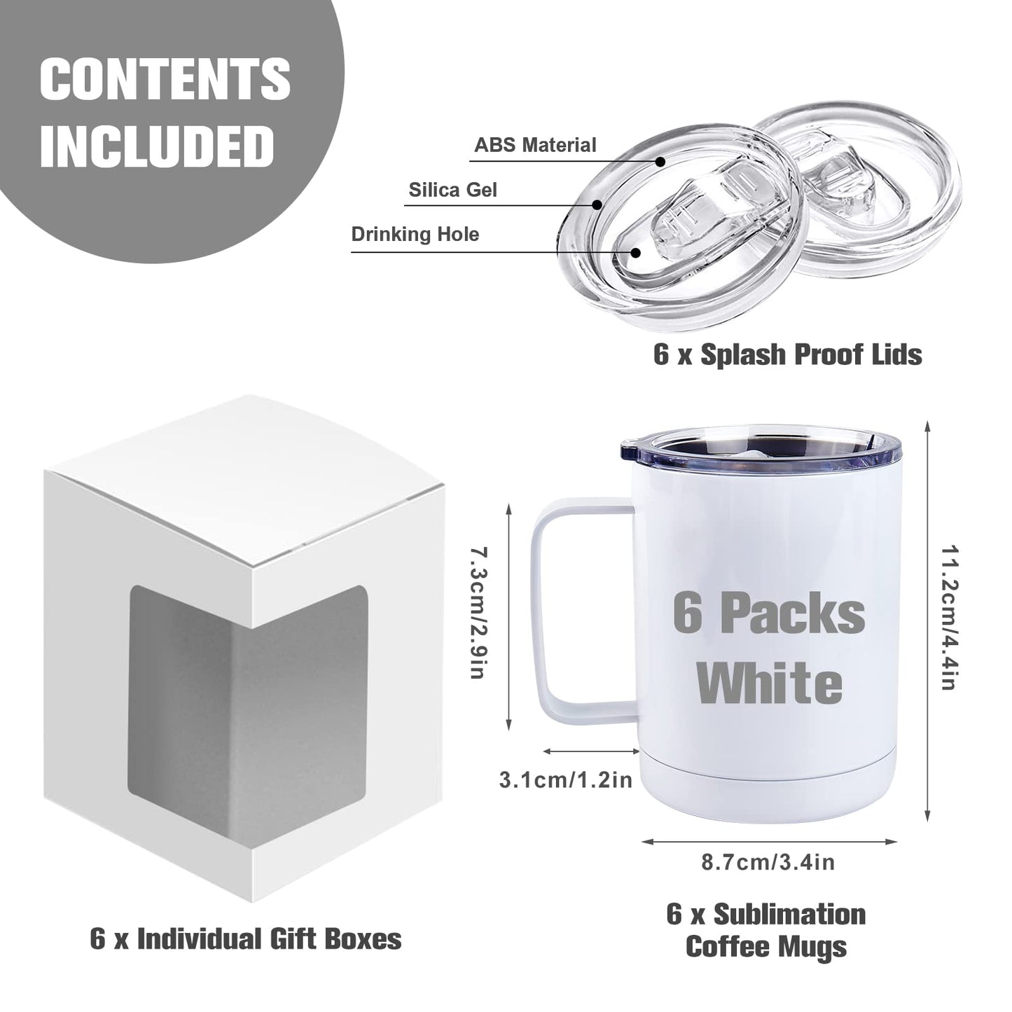 BetterSub Bulk 6 Pack 12oz Sublimation Mug Blanks Stainless Steel Tumblers with Handle & Sliding Lid - Double Wall Vacuum Insulated for Coffee, Fit Cricut Mug Press Machine
