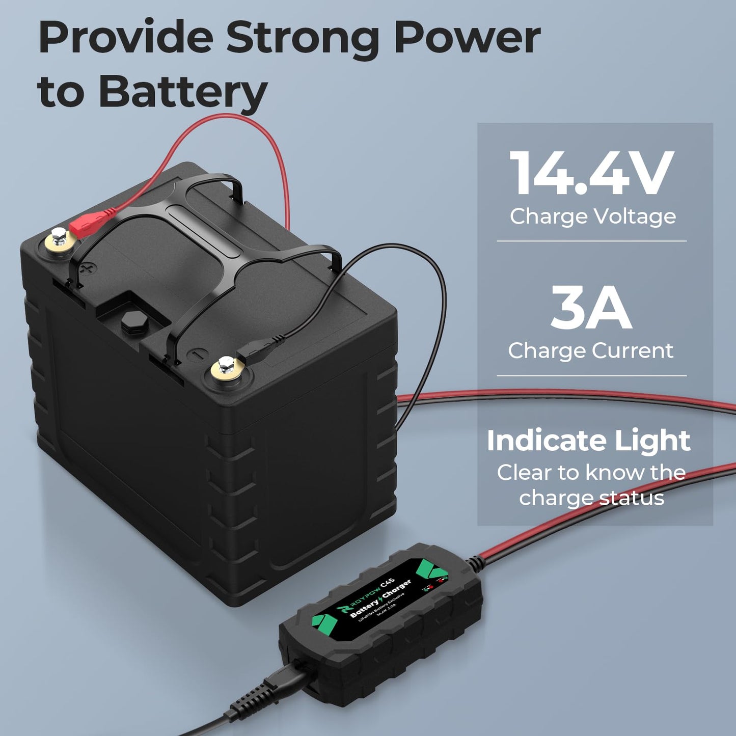 RoyPow 12V LiFePO4 Battery Charger, 14.4V 3Amp Automatic Trickle Battery Charger, 12V Lithium Battery Charger, 3A Battery Maintainer for 12.8V LiFePO4 Battery with Alligator Clamp and Ring Terminal