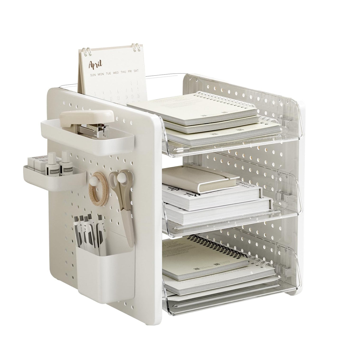 LAMPTOP Pegboard Desktop Organiser 3 Tier Multifunctional Plastic Organization, Combinable Shelf Stationery and Accessories with Pegboard, Pen Holder White Organiser Spacer Set for Office Storage