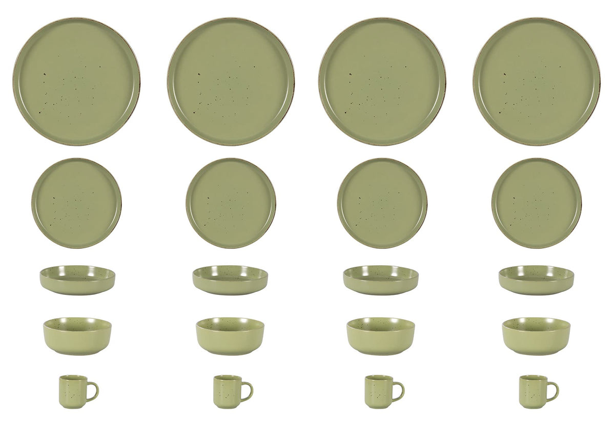 Home VSS 20-Piece Porcelcin Dinnerware Set - Nordic Raised Rim Tableware Collection with 4-Person Plates & Bowls, Matte Green with Speckled Spots