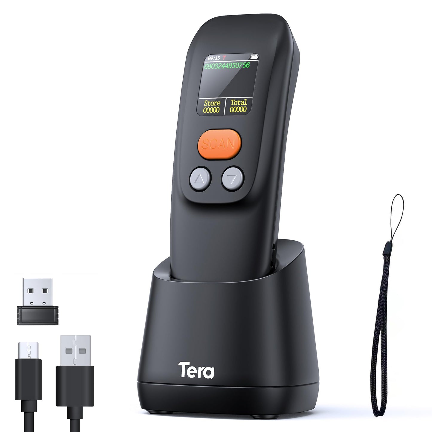 Tera Barcode Scanner Wireless Portable: 1.4" Large LCD Screen 1200mAh Battery with Charging Cradle Ergonomic Design 1D 2D QR Works with Bluetooth 2.4G Wireless USB Wired Bar Code Reader Model 1600