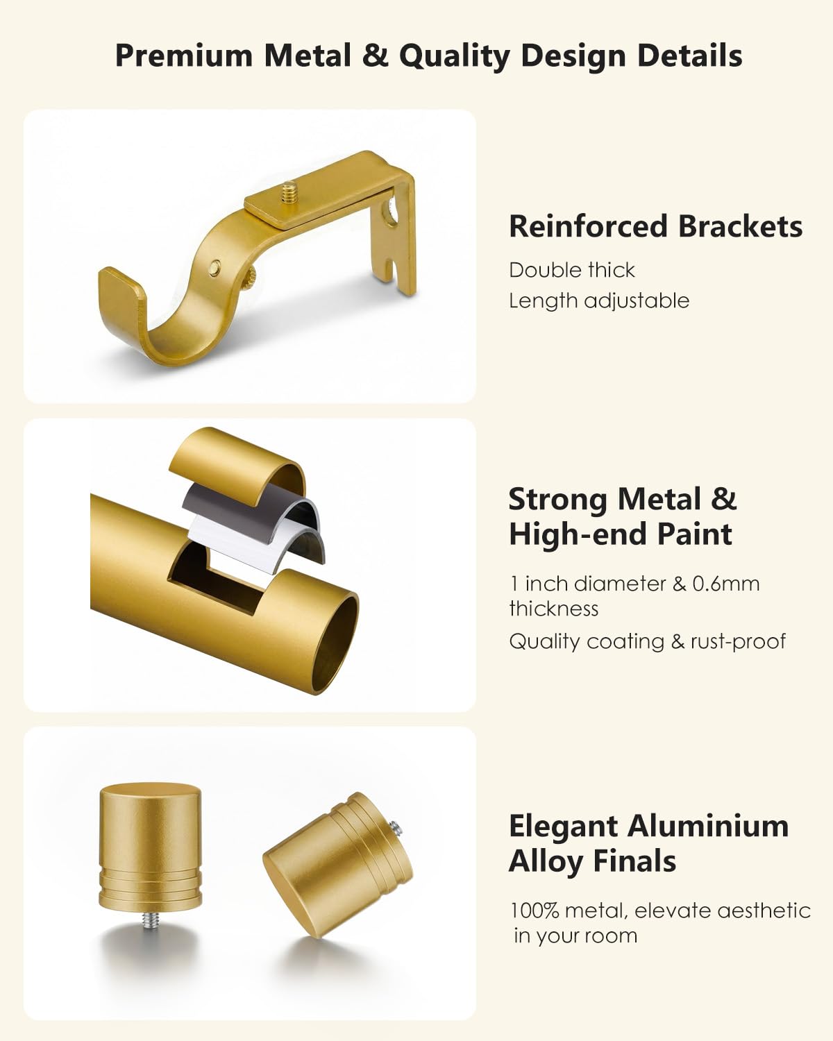ASULUPHY Gold Curtain Rod, 1 Inch Diameter Heavy Duty Curtain Rods for Window 48-84 in, Long Curtain pole with Thicker Brackets, AdjustableCurtain Rod for Sliding Doors, Living Room, Bedroom, Patio
