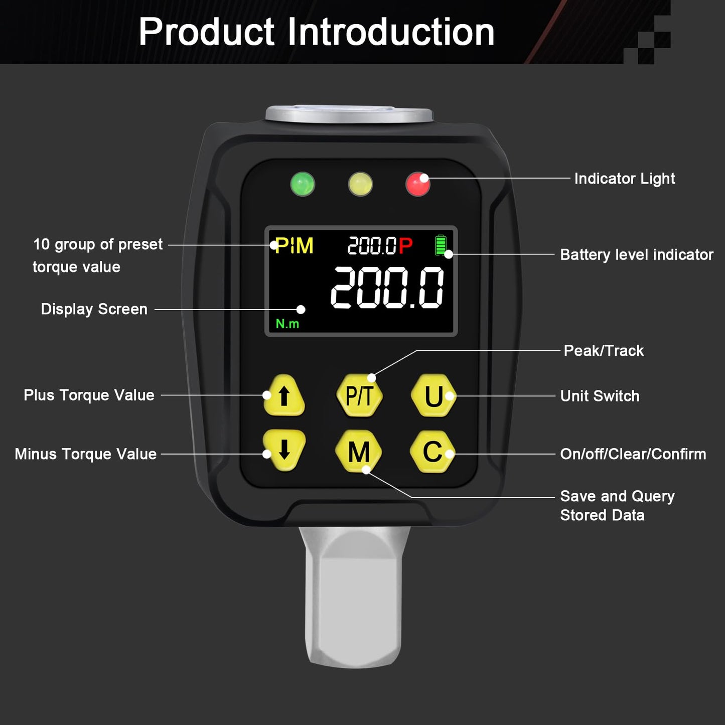Uharbour Digital Torque Adapter 1/2 Inch 10-200 Nm, Torque Wrench Digital with LCD Display, Peak/Track Mode, Buzzer and LED Display, ±2% Error Accuracy, for Car, Bike, Motorcycle