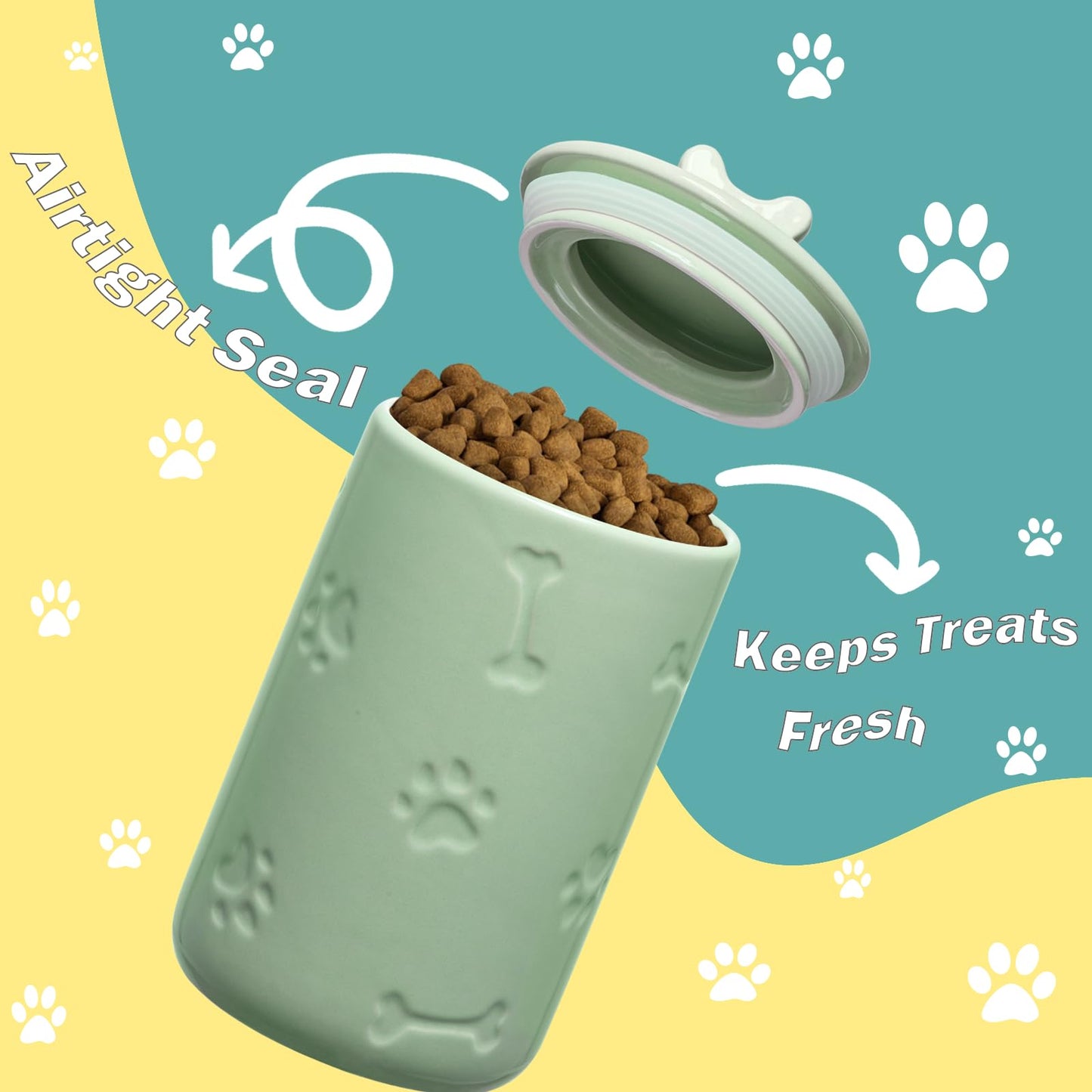 NIXBYO Dog Treat Container Airtight - 9"x5" Green Large Ceramic Dog Treat Jar for Kitchen Counter, Dog Cookie Jar with Lid - Farmhouse Style Dog Food Storage Container for Dogs, Cats, Pets