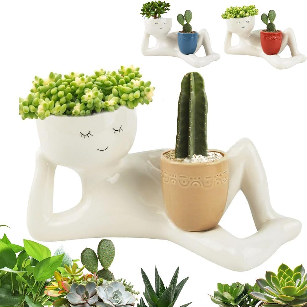 Lazy Guy Planter - Funny Smiling Face Resin Flower Pot with Double Drainage Hole, Cute Lying Down Figure Succulent & Cactus Planter, Unique Home Garden Decor Gift for Family & Friends (Yellow)