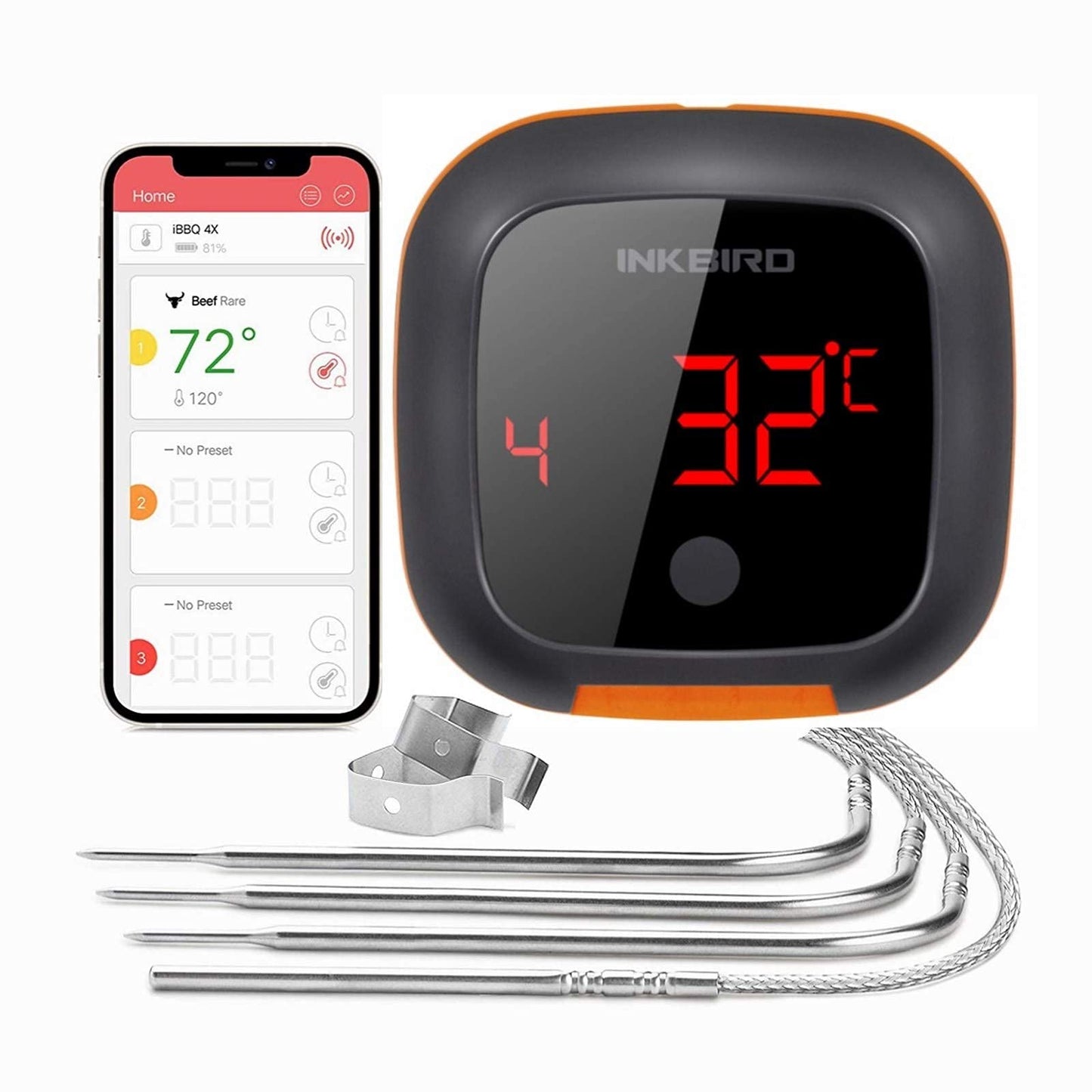 INKBIRD IBT-4XS BBQ Thermometer Bluetooth Meat Thermometers, 150ft Wireless Meat Thermometer with 4 Probes, Meat Thermometer Wireless Probe for Smoker Grill Oven Kitchen Cooking
