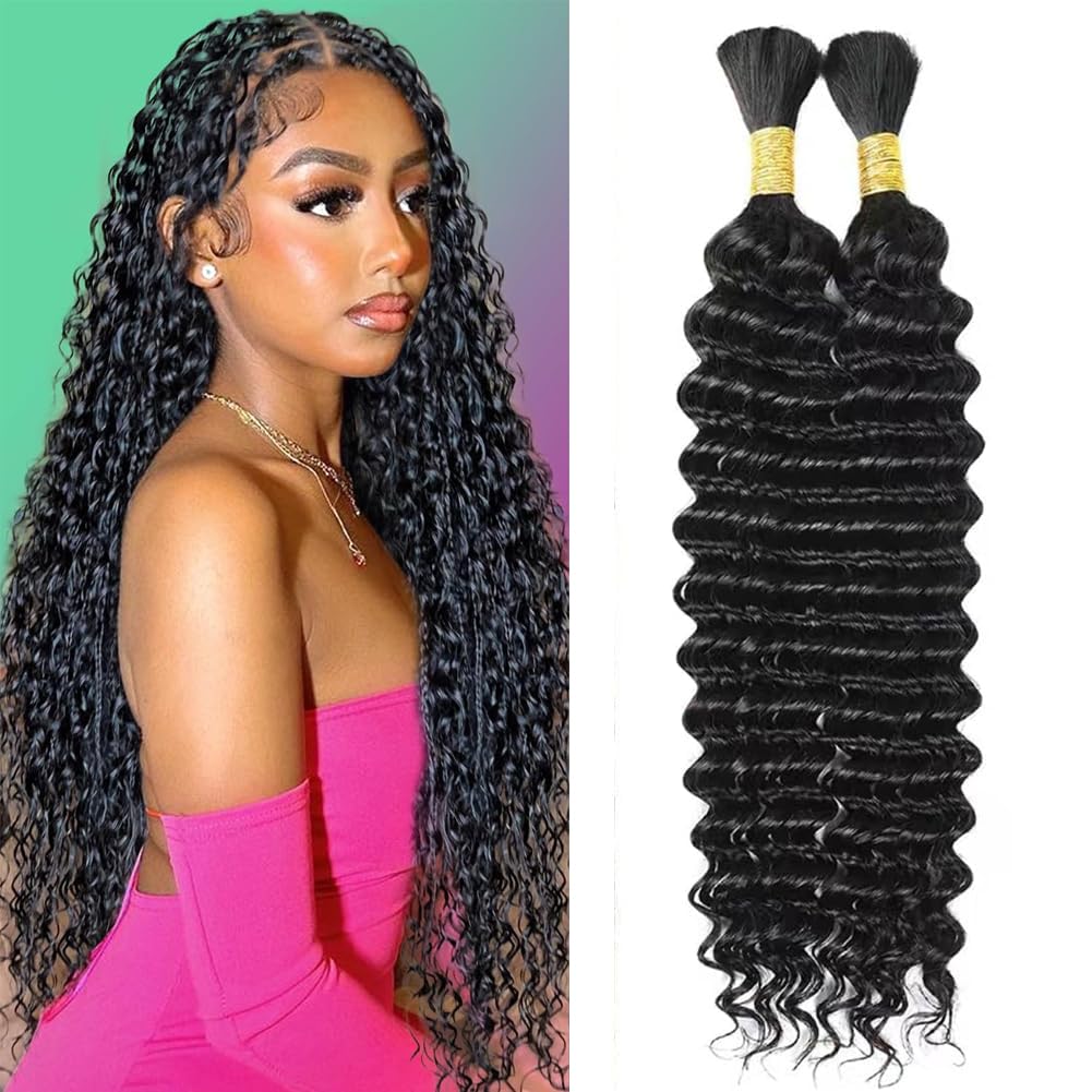 Human Braiding Hair 2 Bundle 100g 20 Inch Deep Wave Bulk Human Hair for Braiding No Weft Brazilian Virgin Curly Human Hair Extensions for Boho Braids Wet and Wavy Human Hair Braiding Hair