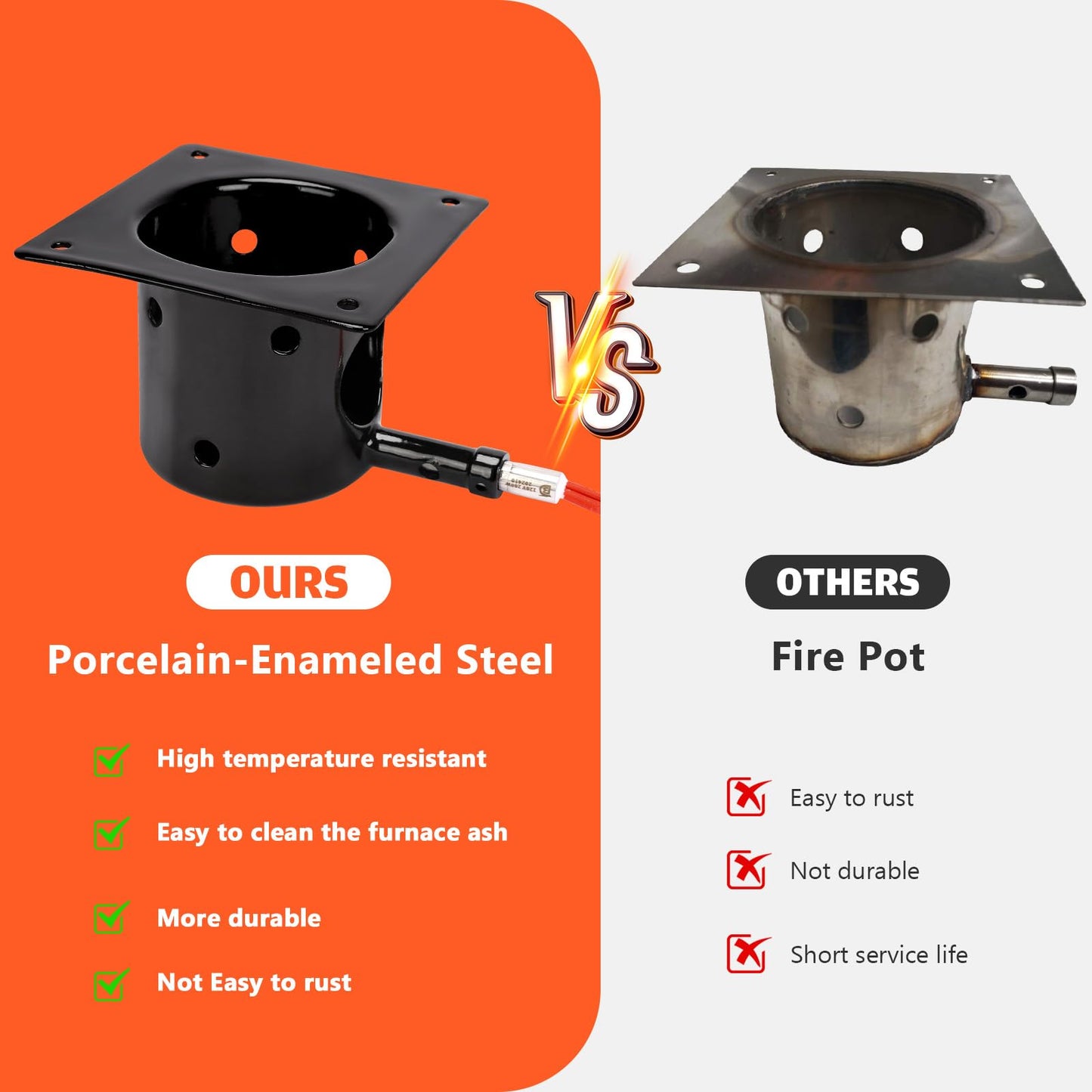 Upgraded Fire Burn Pot and Hot Rod Ignitor Kit Replacement Parts for Traeger, Pit Boss & Camp Chef Pellet Grill Smoker, Durable Fire Burner Pot with Ash Remover, Screws & Fuse, Enamel Fire Pot