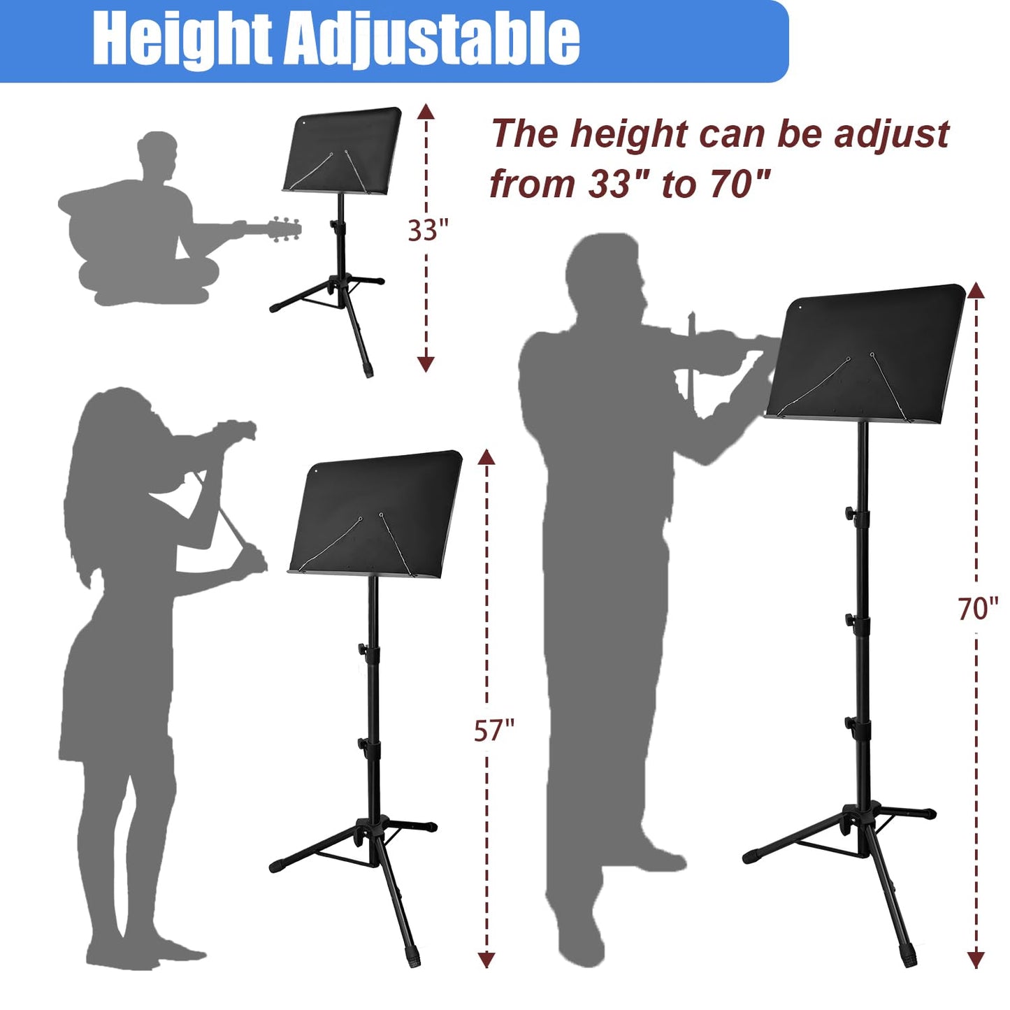 70" Sheet Music Stand with Light and Phone Holder, Music Stand for Sheet Music High Stability, Height Adjustable Portable Music Sheet Stand with Carrying Bag(33-70inch,Plate without hole)