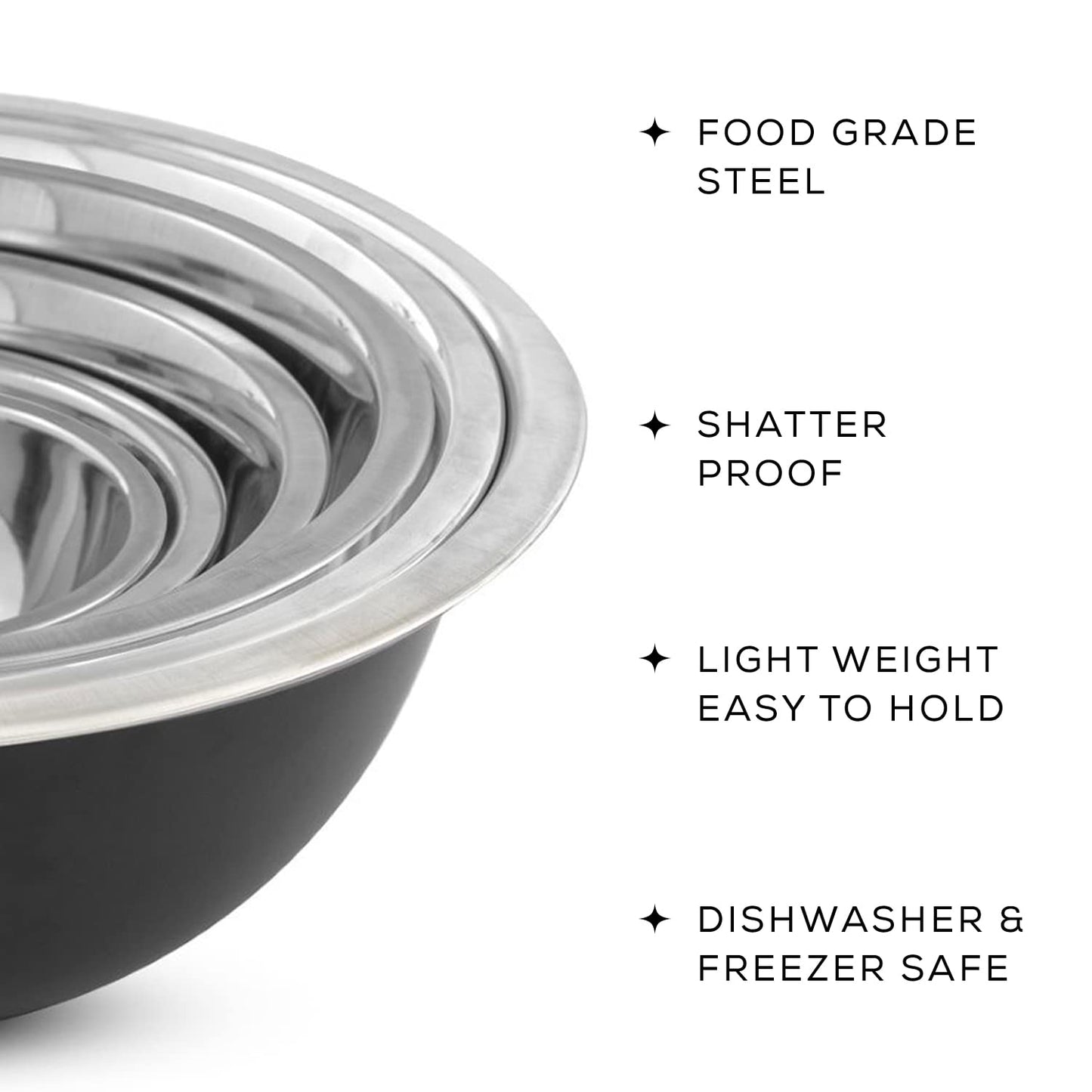 JoyJolt Stainless Steel Mixing Bowl Set - 6 Piece Nesting Bowls, 5qt to 0.5qt, Black, Perfect for Dough, Batter & Baking