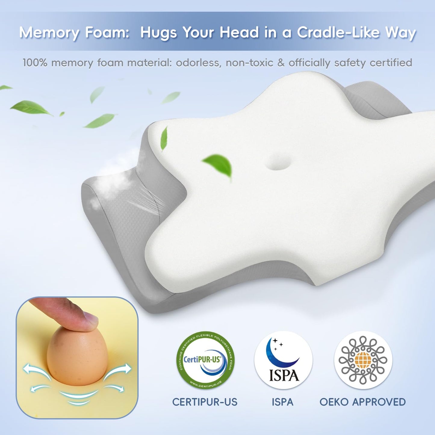 Missleep Cervical Neck Pillow,Memory Foam Pillows for Relieving Neck and Shoulder Pain, Neck Support Pillow for Side Sleepers, 2 Heights Ergonomic Pillow with Breathable Ice Silk Cover White