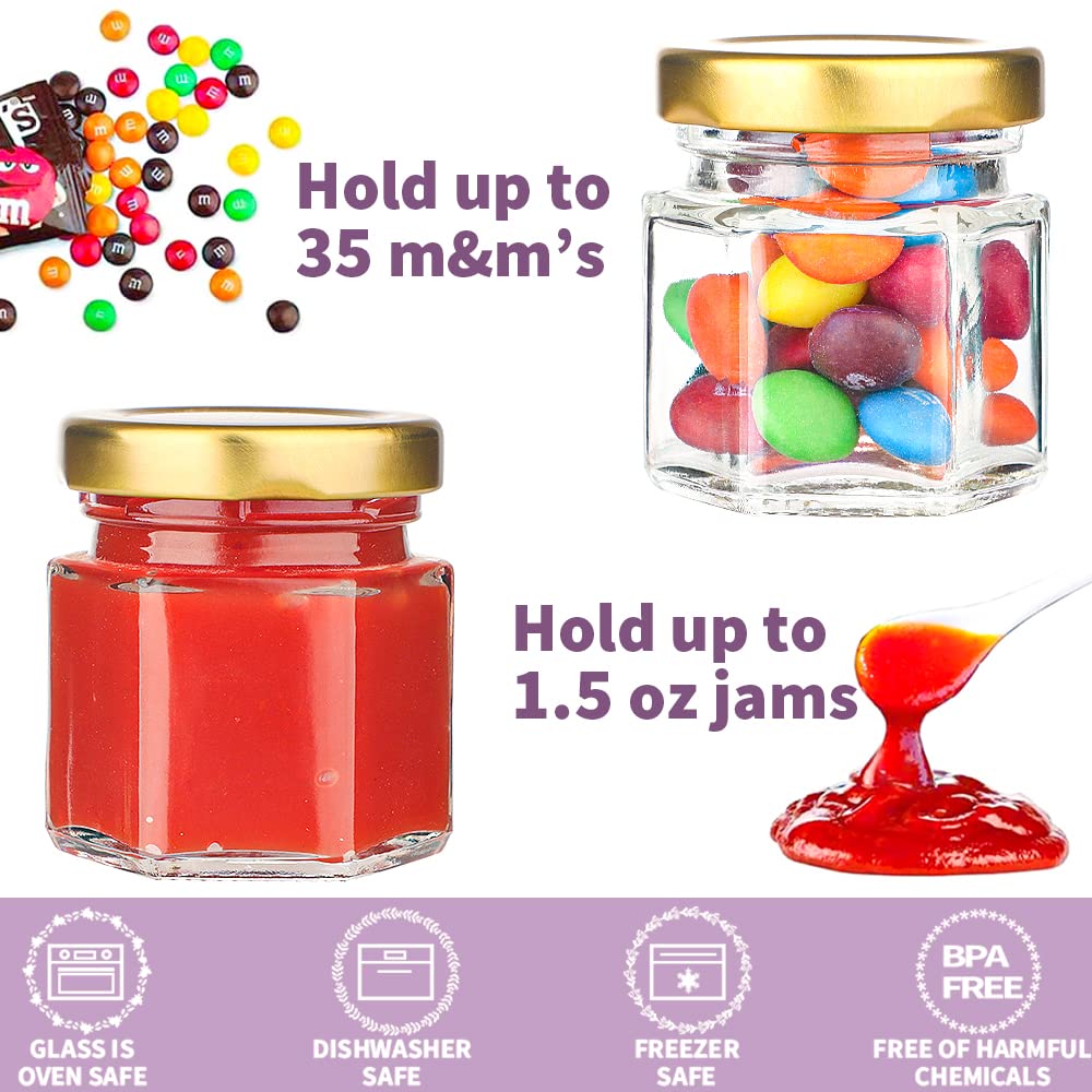 60 Pack Small Glass Jars with Airtight Lids, 1.5 oz Mini Hexagon Honey Jars for Wedding Favors, Baby Shower Favor, Party, Mason Jar for Crafts - Canning Container for Spices, Candles, Jam, Candy