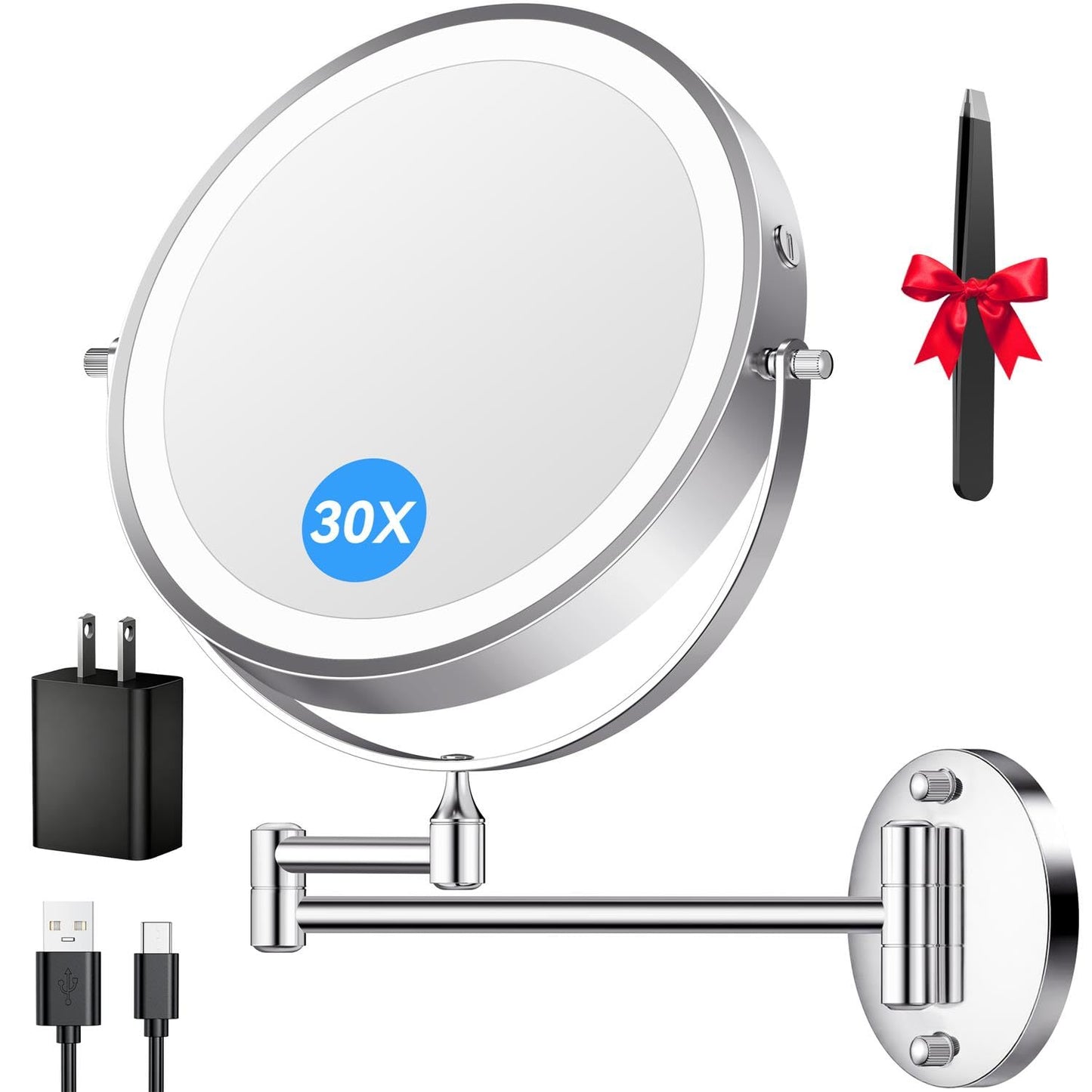Auxmir 5000mAh Rechargeable Wall Mounted Makeup Mirror, 1X/30X Double-Sided Magnifying Mirror with Light, 9" Lighted Vanity Mirror with 3 Color Modes, Touch Dimmable, 360° Swivel Extended Arm, Chrome