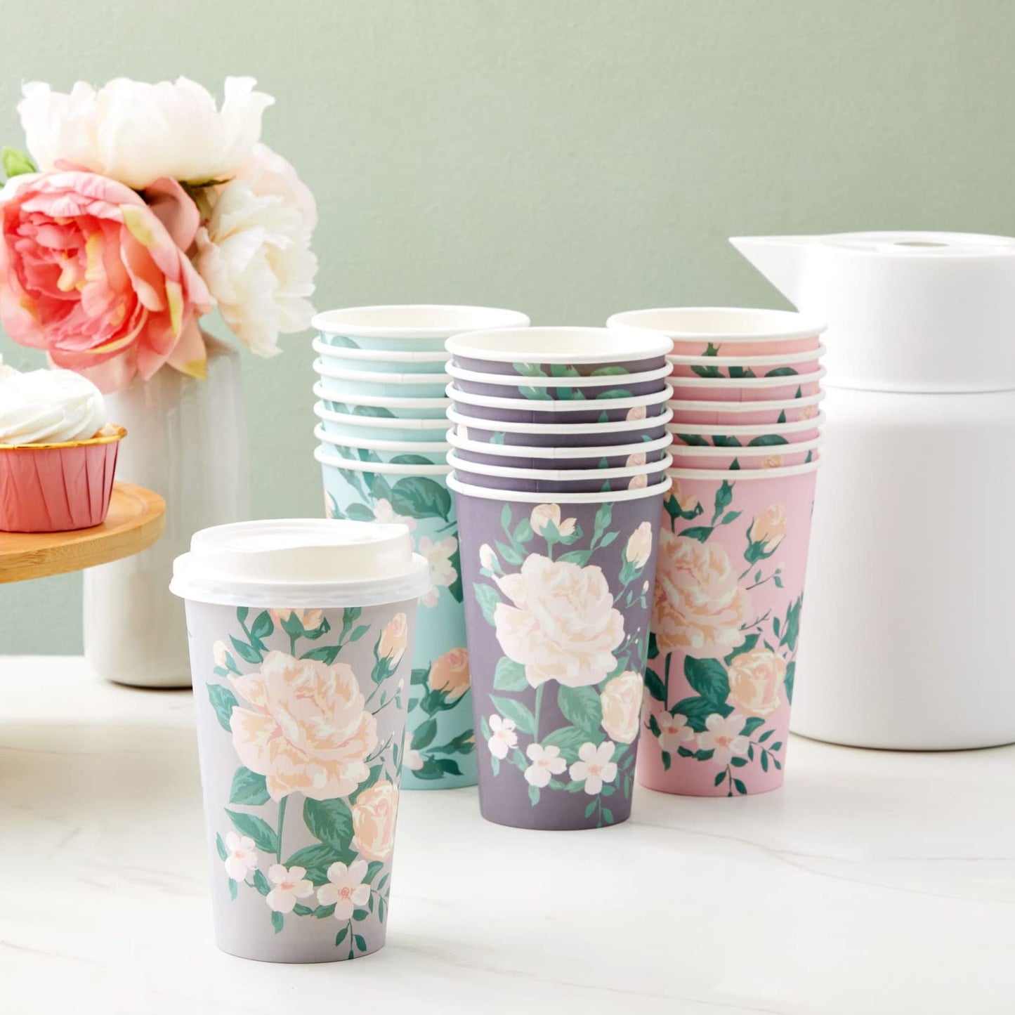 48-Pack Disposable Floral Paper Coffee Cups with Lids 16 oz, to Go Coffee Cups for Flower-Themed Birthday Party Supplies, Wedding Reception, Baby Shower (4 Pastel Colors)