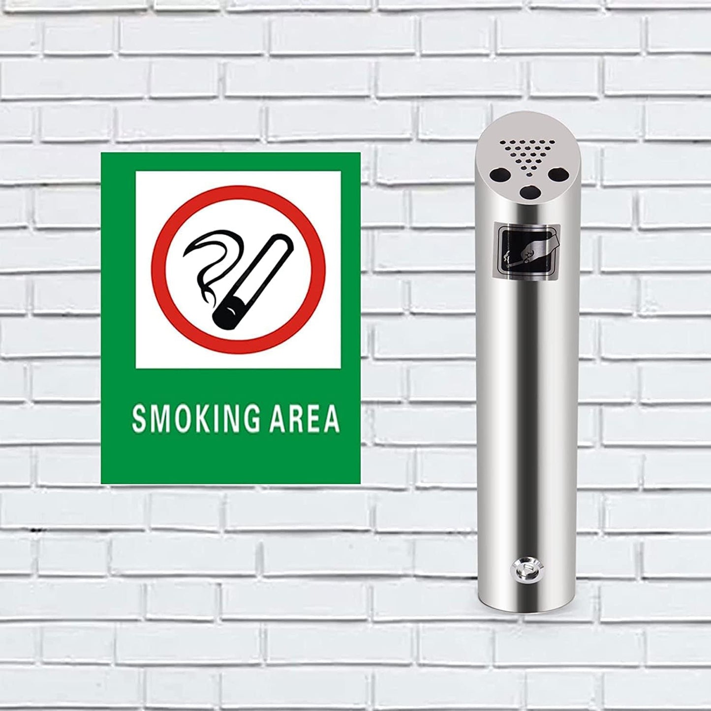 2 Pcs Wall Mounted Trash Can Outdoor Waste Receptacle, Stainless Steel Cylinder Commercial Trash Bin Container for Patios, Restaurants, Bars, Hotels, Offices, Silver