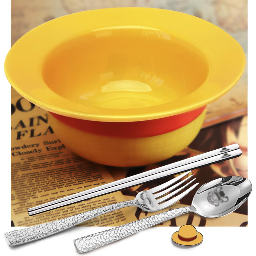 Straw Hat Ceramic Bowl Set w/Spoon Fork & Chopsticks - Novelty Ramen Bowl