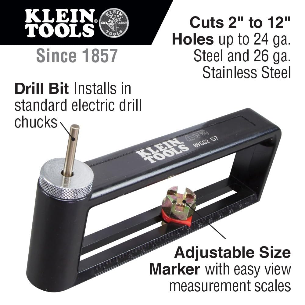 Klein Tools 89552 Hole Cutter, Adjustable Cutter from 2 to 12 Inch, Cuts 24 Gauge Steel and 26 Gauge Stainless