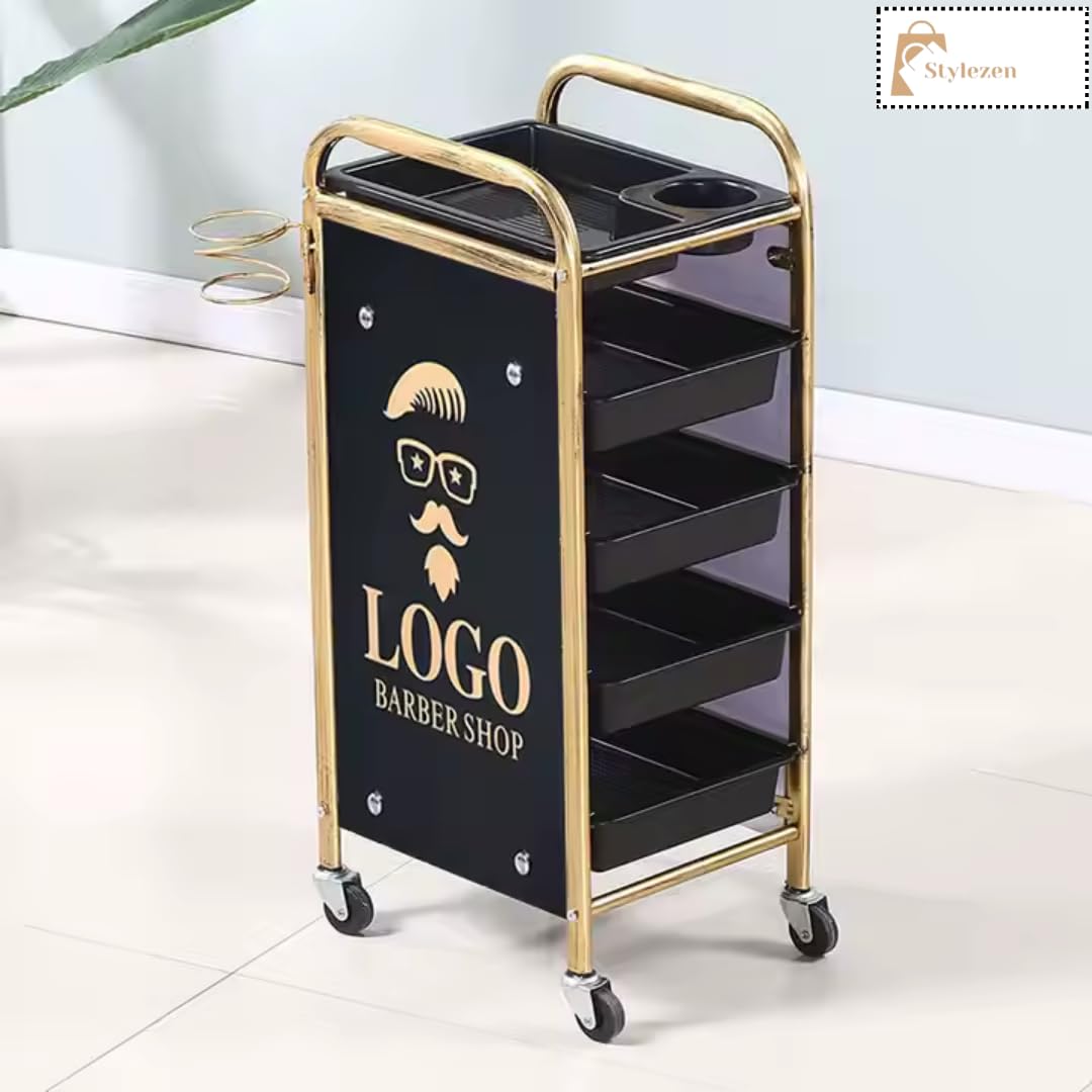 Stylezen 5-Layer Hairdressing Trolley – Rolling Salon Cart with Metal Frame, Easy-Glide Wheels & Storage Trays for Hair Tools & Supplies, Black & Gold Organizer for Salons, Barbershops & Home Use
