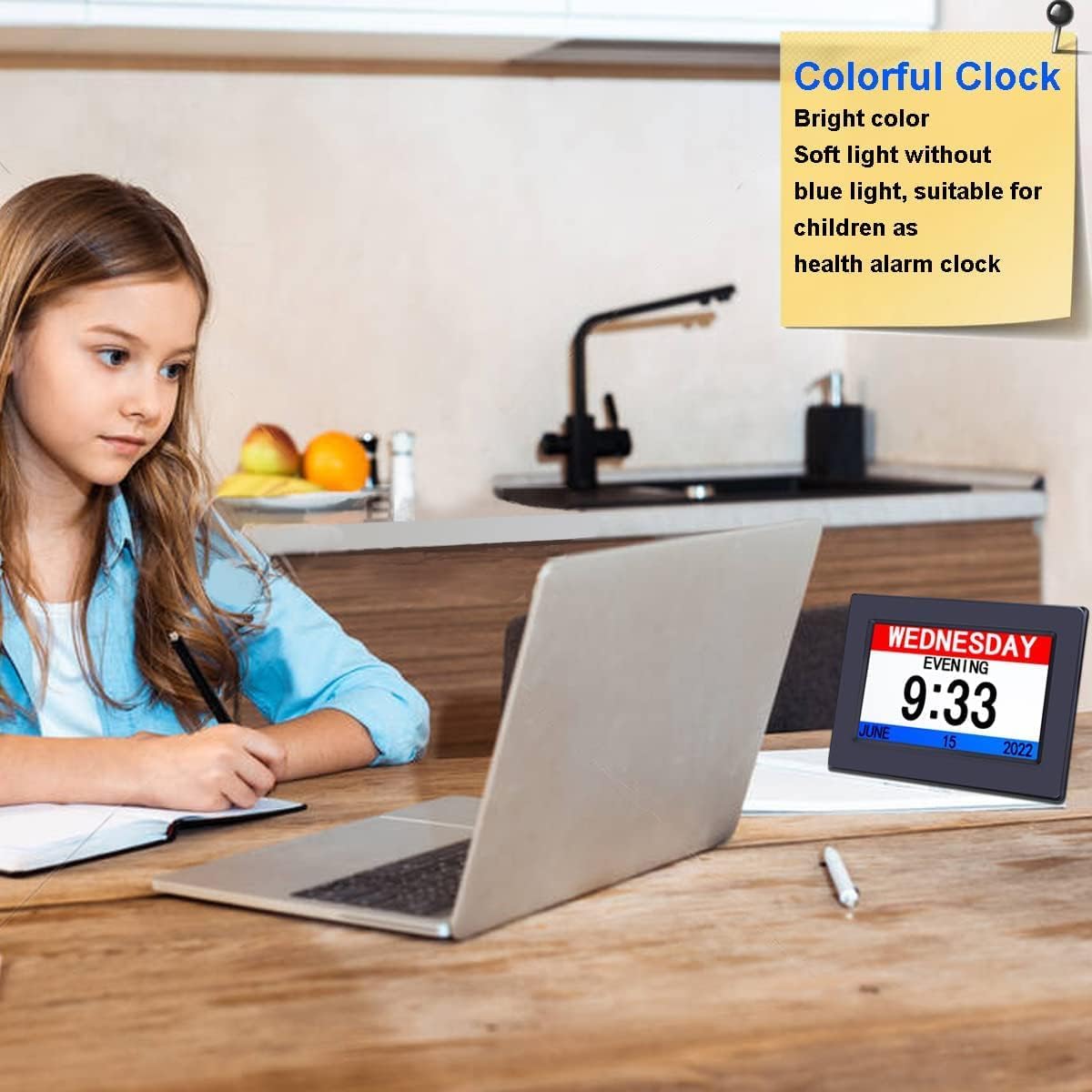 Yuanzeco Alarm Clock with Day and Date for Elderly 3Displays 7inch Digital Calendar Day Clock Photo Frame- Auto Dimmable Display 15 Alarm Options, Day Clock with Non-Abbreviated Day & Month (Black)