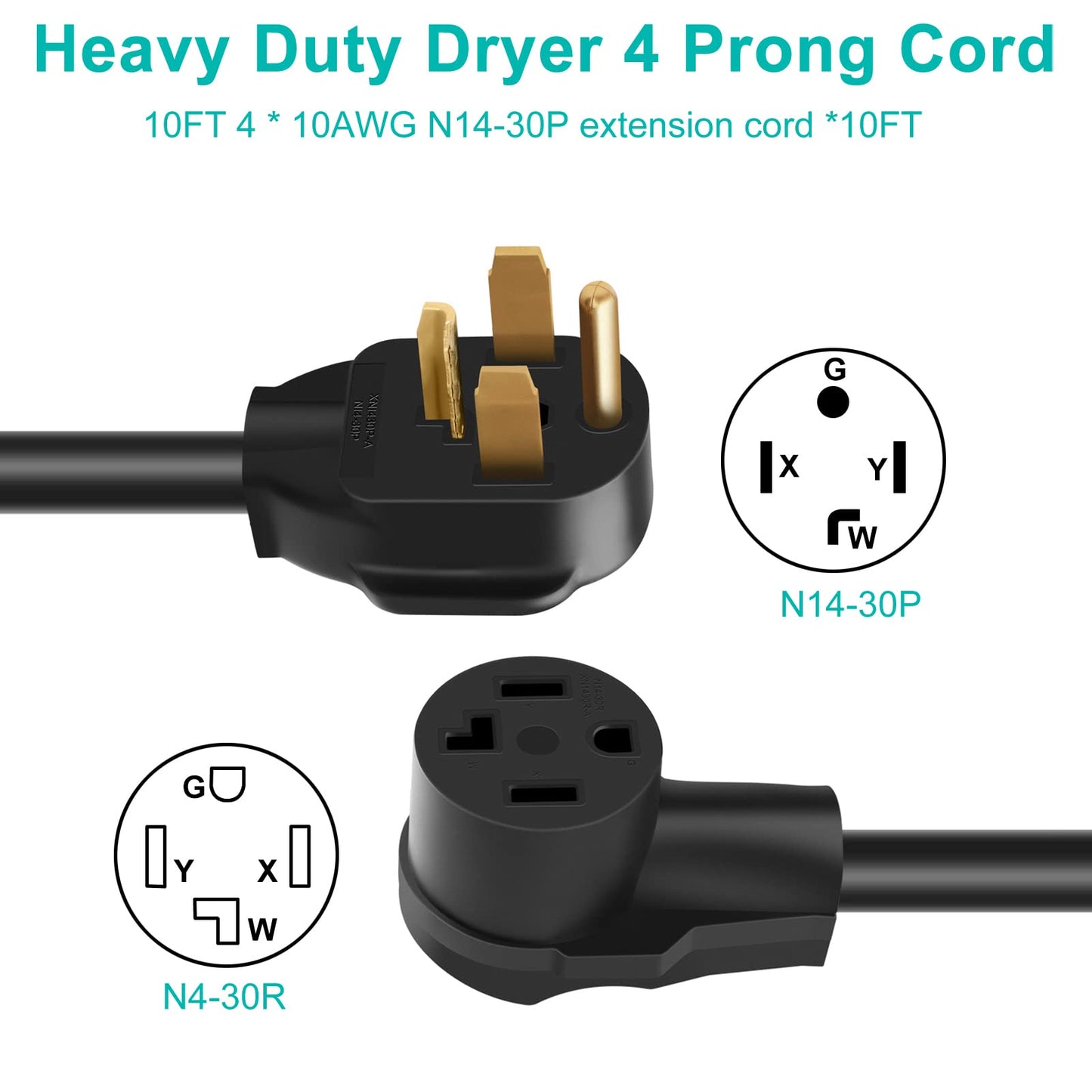 10 FT Dryer Extension Cord 4 Prong Canada, 10 Feet Nema 14-30 Extension Cable for Level 2 EV Charging, 30Amp 14-30P Male to 14-30R Female 125V/250V STW 10 Gauge