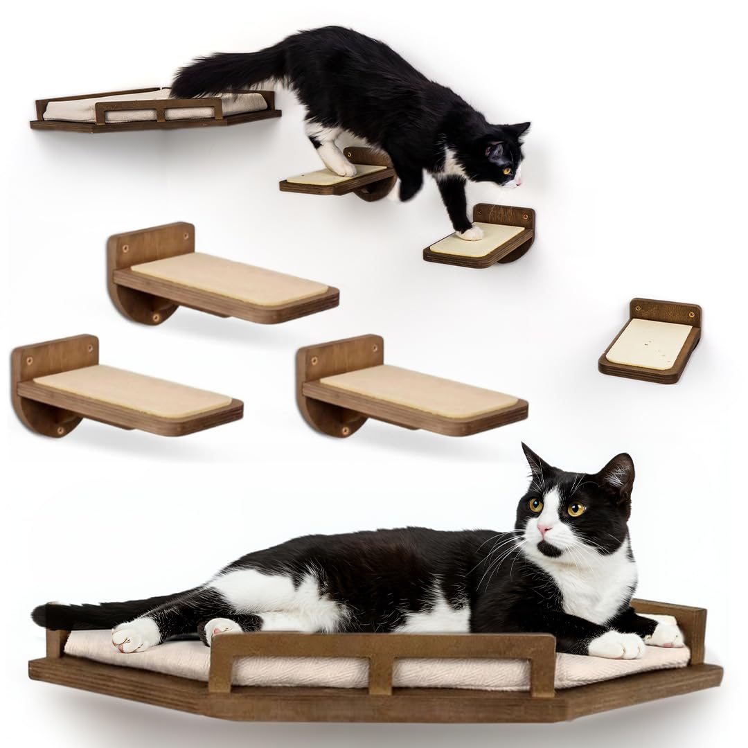 INICIO Cat Wall Shelves - Modern and Durable 3 Step Cat Furniture for Wall - Stylish Birch Floating Shelf for Cats up to 15lbs - Wooden Corner Shelves with Cushioned Perch - Brown