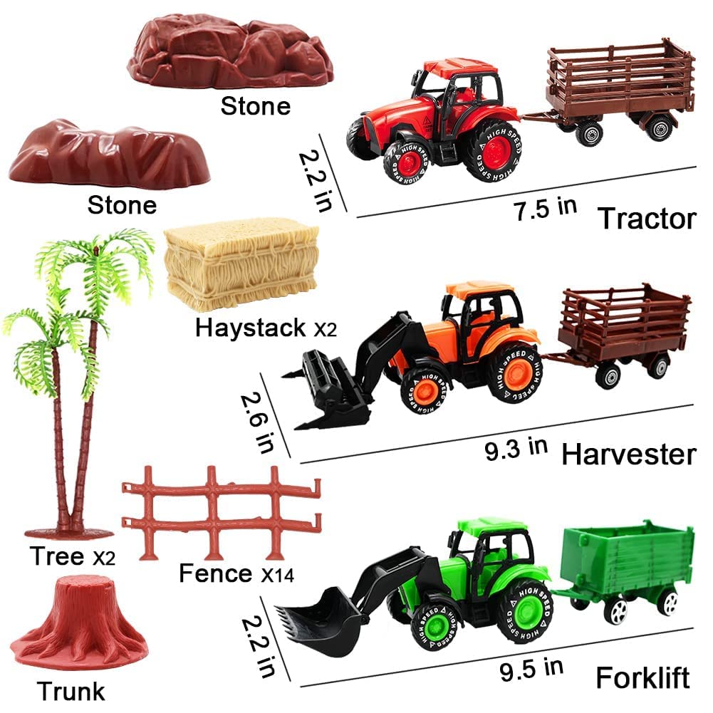 3 Pack Farm Toy Tractor with 40pcs Plastic Farm Animals Figurines and Fence Farm Playset, Farm Figures Farmer Vehicle Toy Truck with Trailer for Kids Boys Girls Toddlers