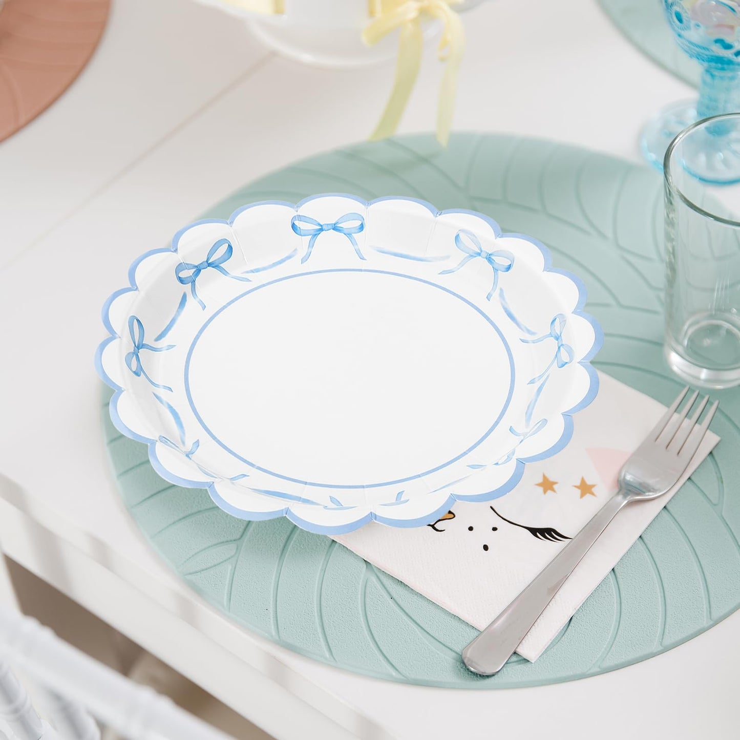 JarThenaAMCS 50Pcs Blue Bow Paper Plate Scalloped Bowknot Baby Shower Disposable Plate 9 Inch Decorative Dinner Plates for Birthday Party Table Decor
