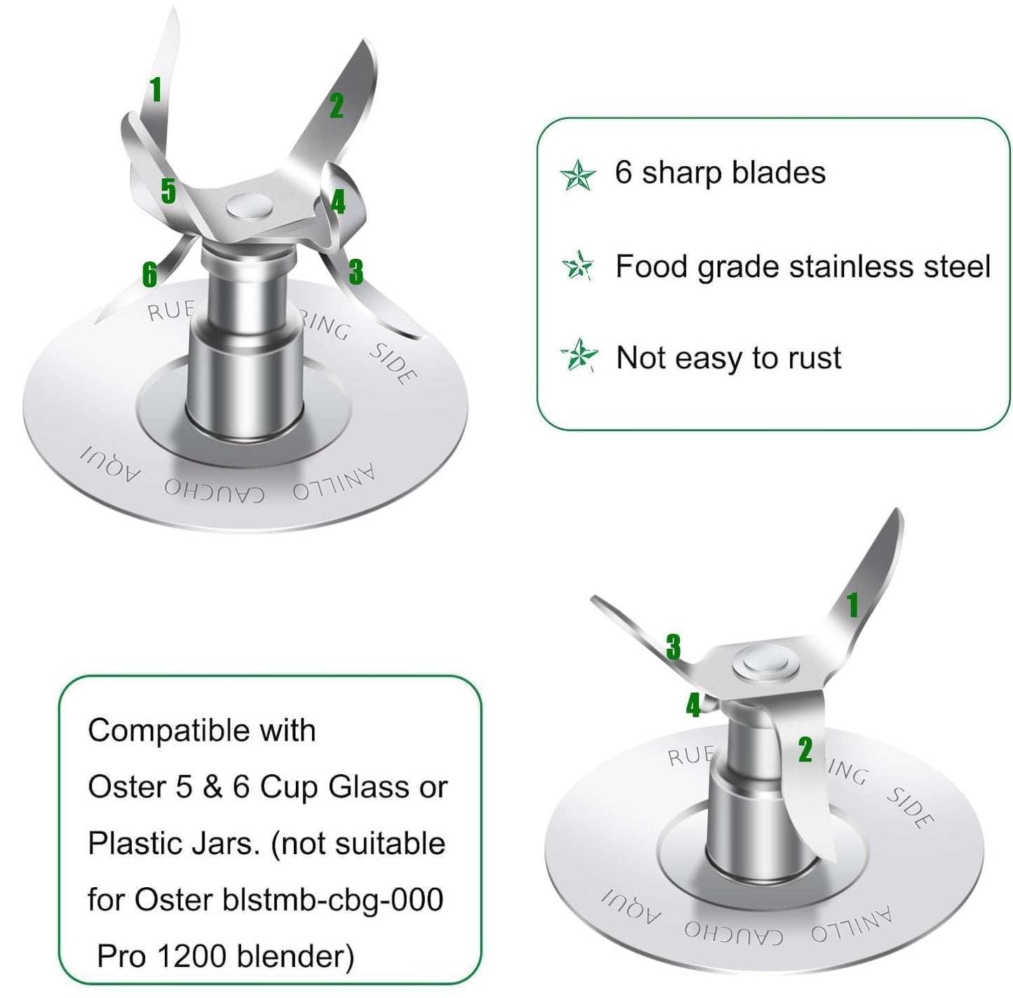 Replacement Parts Compatible with Oster Blender, 6 Cup Glass Blender Replacement Jar with Lid, 4961 4-Point Ice Blade, 4902 Bottom Cap and Rubber Gasket Compatible with Oster & Osterizer