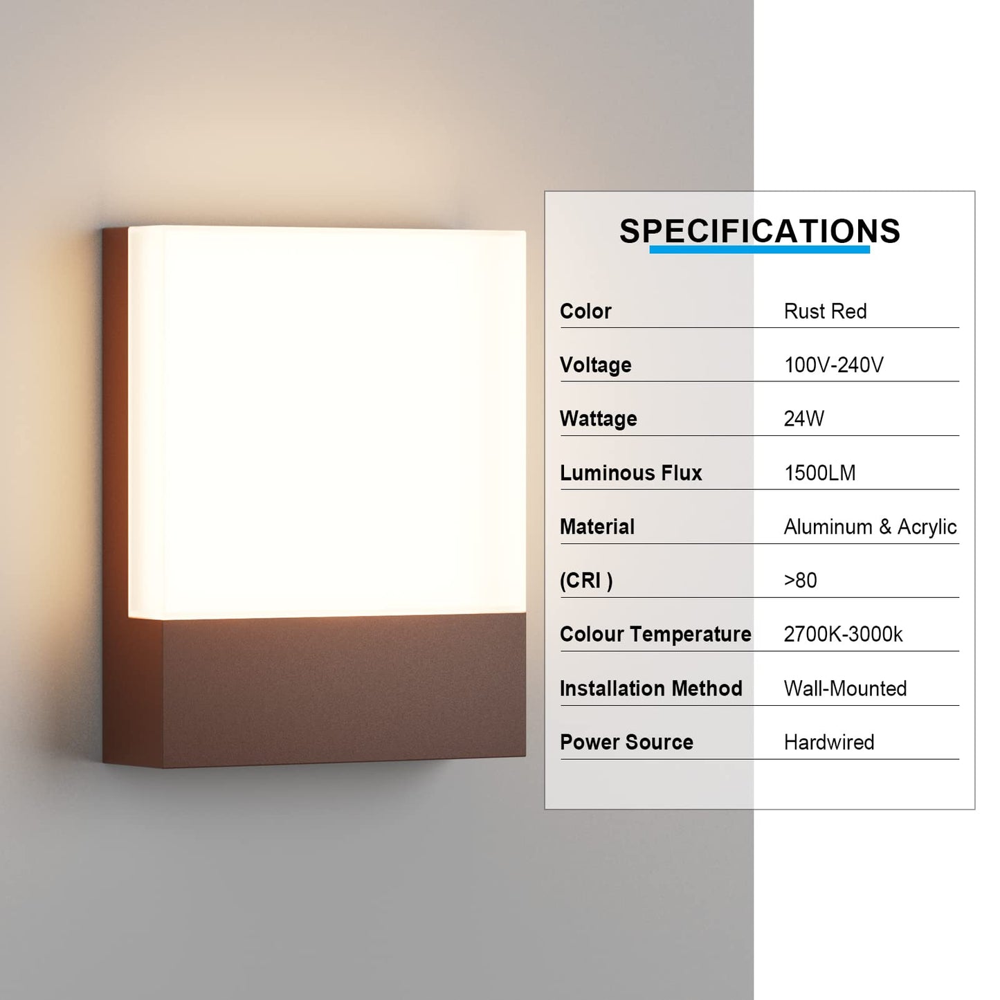 Aoceley Modern Outdoor LED Wall Light,24W 3000K Wall Porch&Patio Light,IP65 LED Exterior Wall Lights Fixtures,Low Profile Wall Sconce for House Yard Garage Walkway Garden(Rust Red,1-Pack)