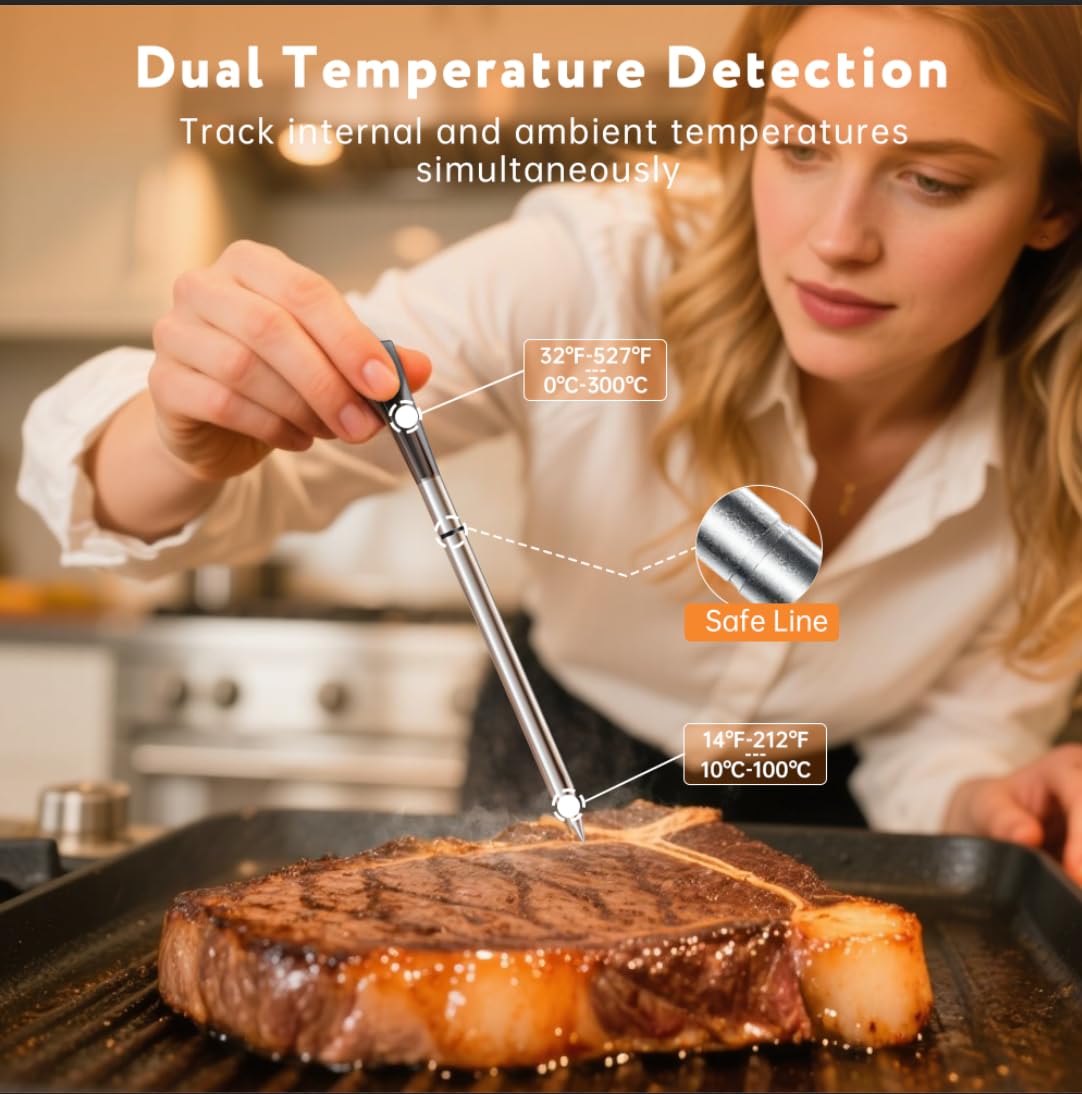 Digital Meat Thermometer Wireless Bluetooth with Smart App, 527°F Heat Resistant Probe, 100m Remote Range,Camping Appliances, Kitchen Essentials for Oven BBQ Grilling and Smoking