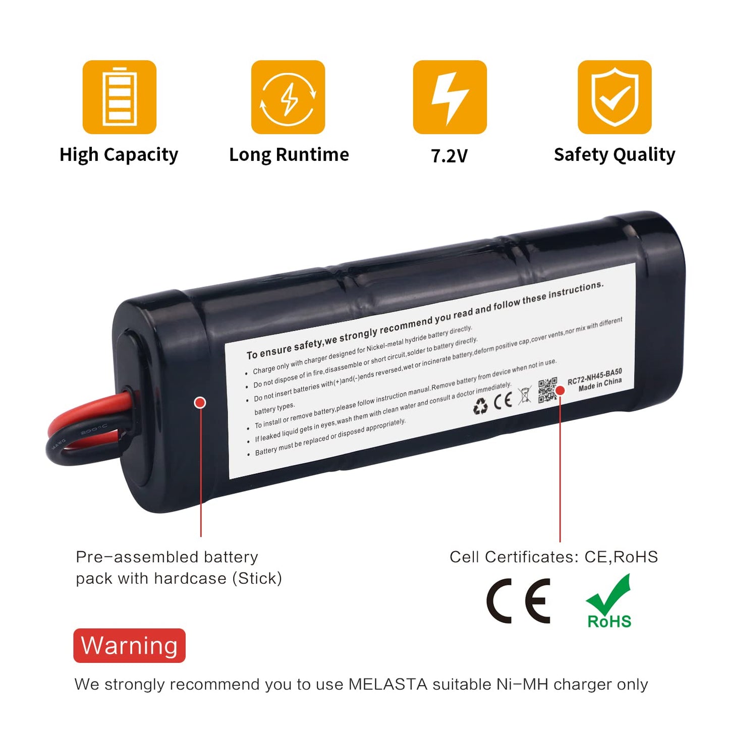 MELASTA 7.2V 5000mAh NiMH RC Battery Packs for Redcat Racing Vehicles with Banana Connector